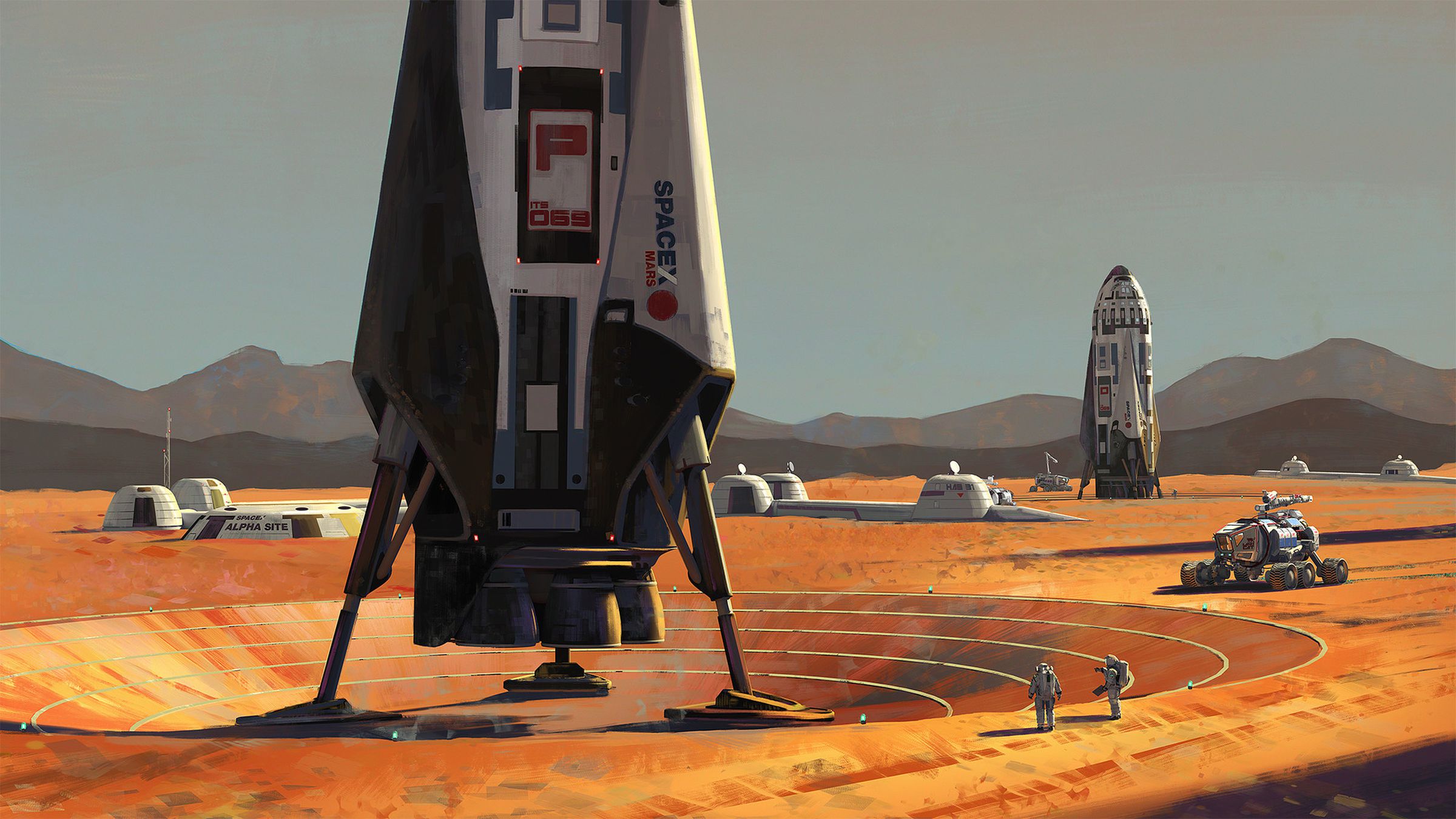 SpaceX’s ITS landers at Alpha Site, first large scale human colony on Mars.