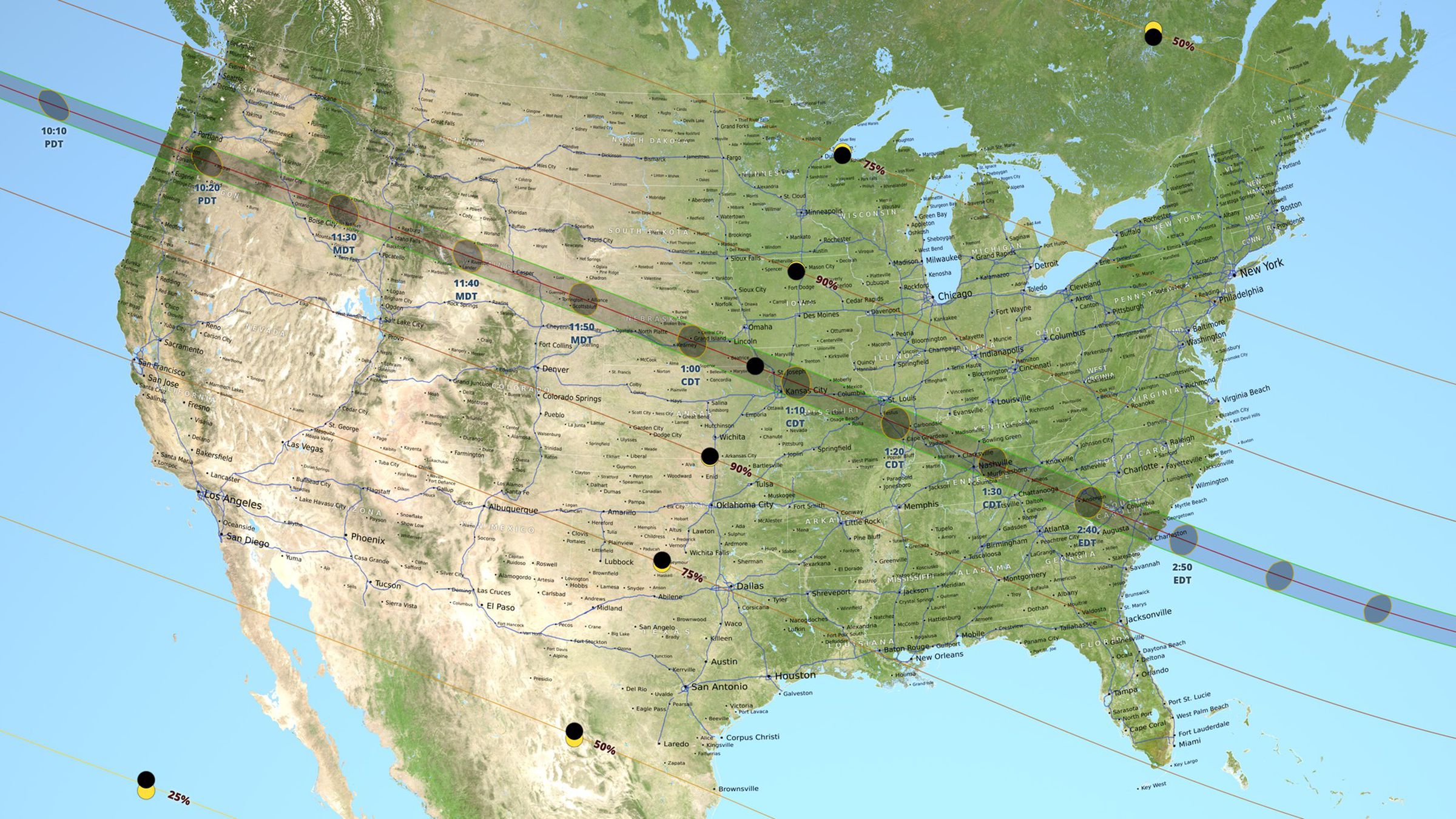 A map showing the path of the total solar eclipse on August 21st.