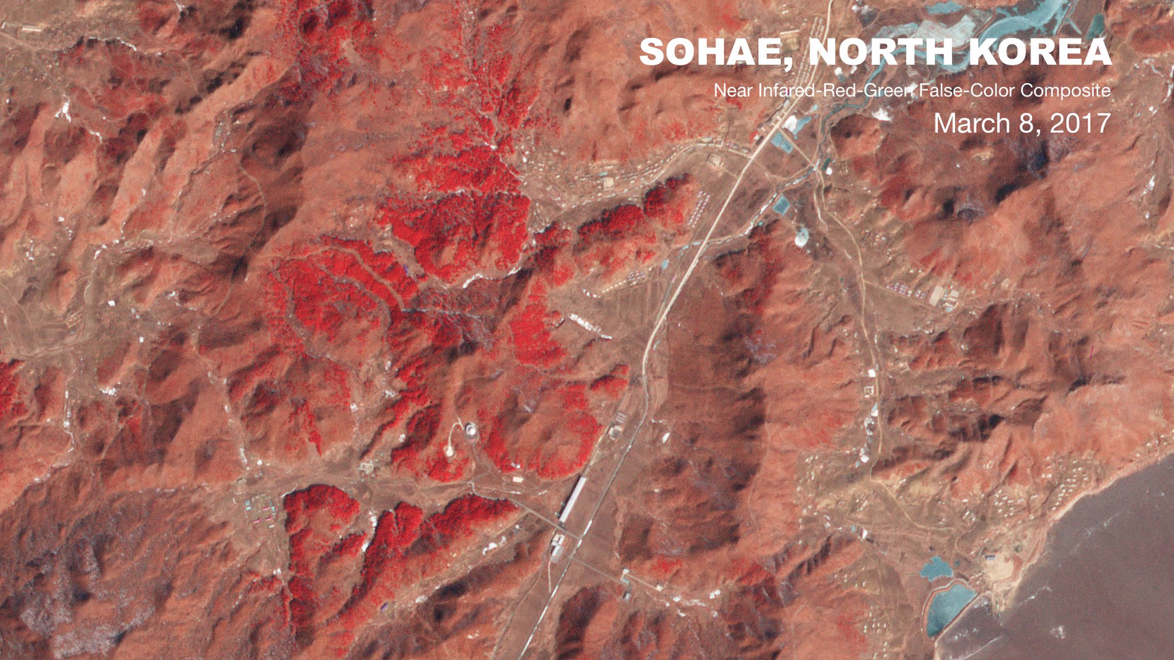 Near infrared satellite images show no such burn scars on the Sohae launch area after the March 6th launch, suggesting that if there was indeed a fifth missile, then it might not have exploded. Images courtesy of Planet  