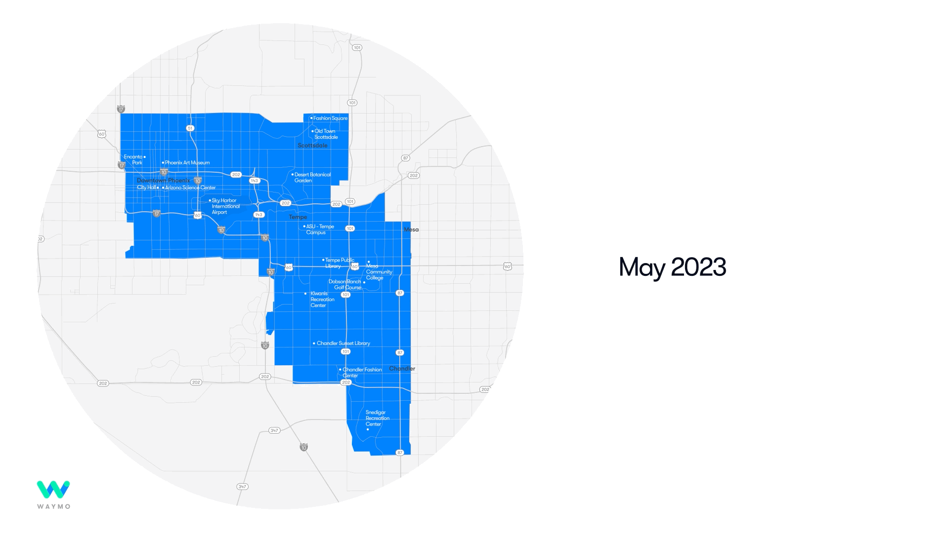The growth of Waymo’s Phoenix service area in just five months. 
