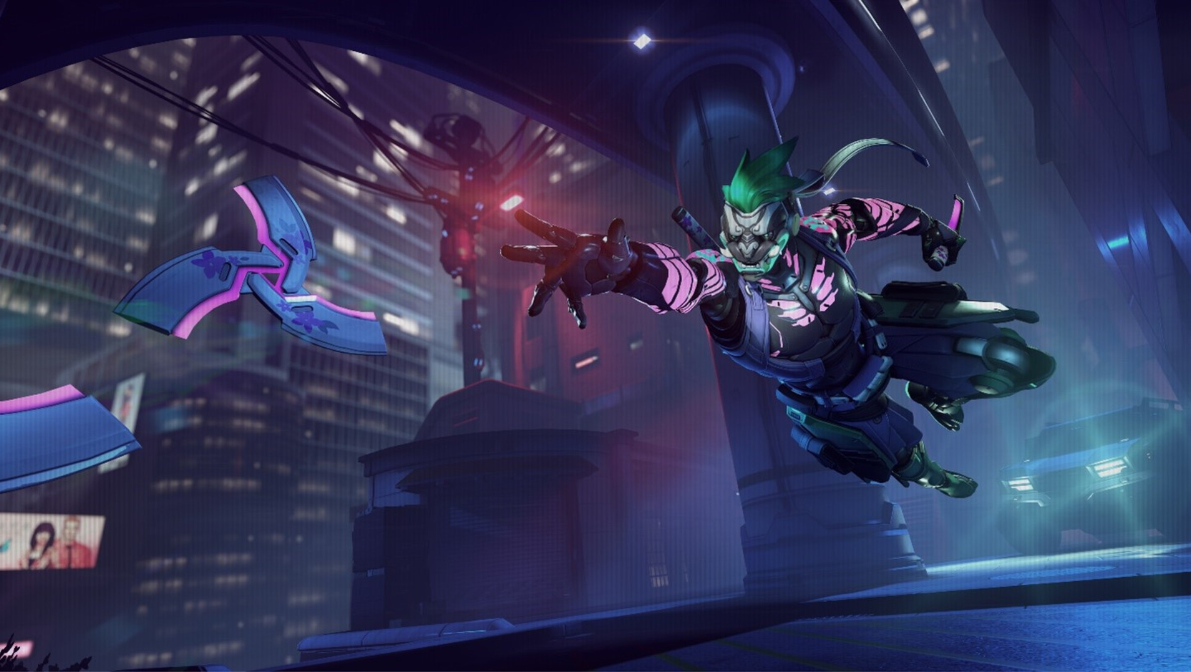 Promotional image from Overwatch 2 featuring ninja hero Genji lunging forward flinging ninja stars clad in a cyberpunk-inspired ninja outfit complete with futuristic demon mask