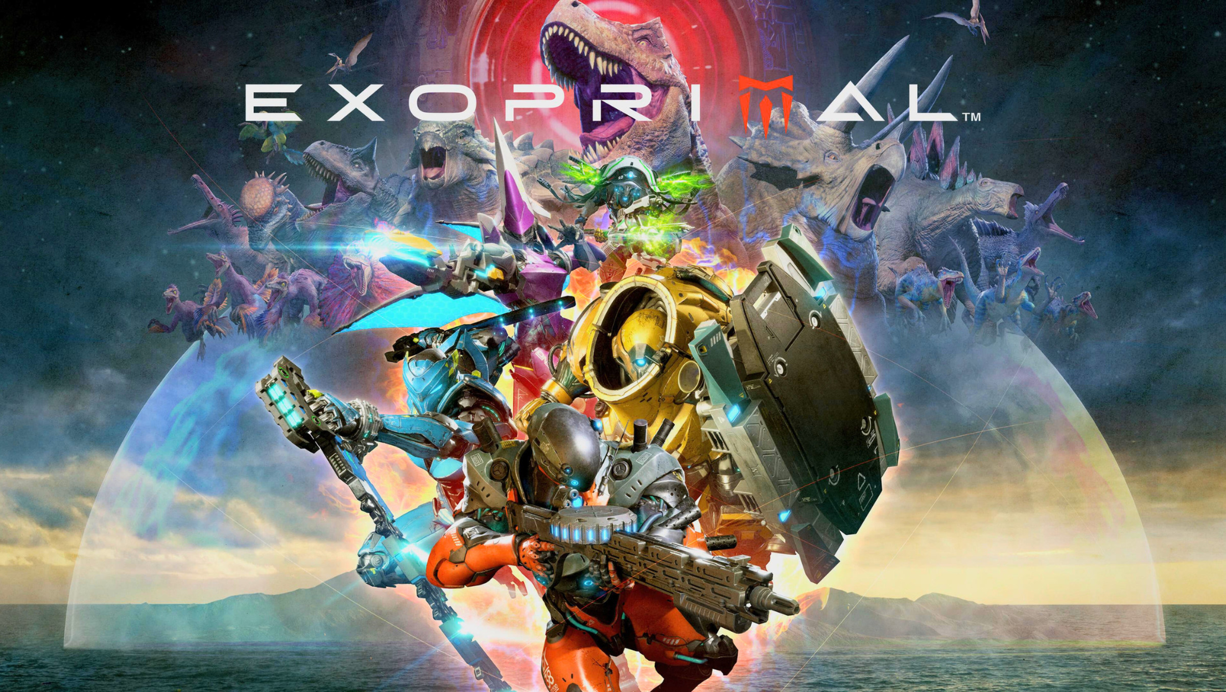Key art from Exoprimal featuring a collection of dinosaurs and exosuits