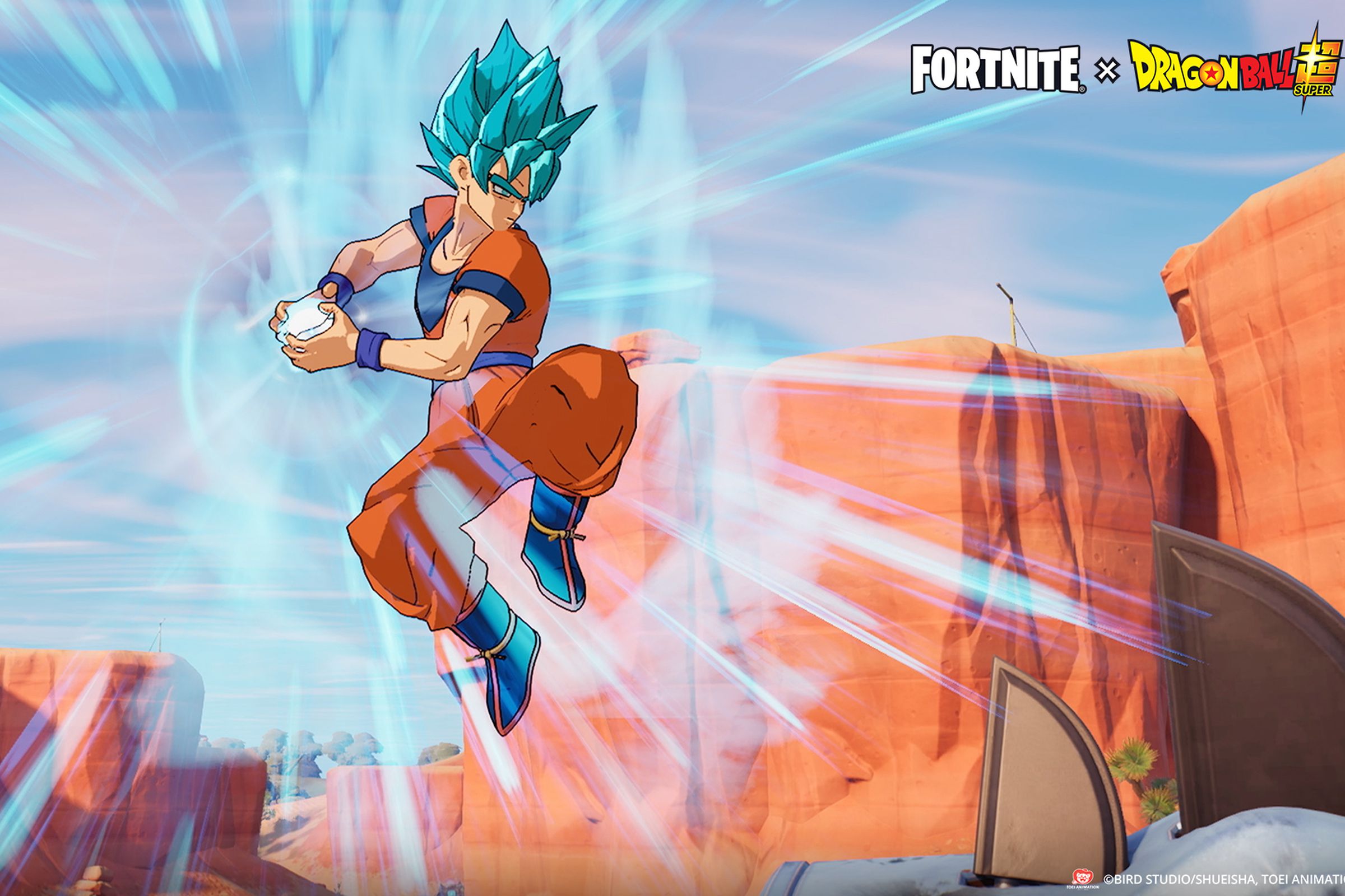 Goku charges up a Kamehameha in Fortnite.