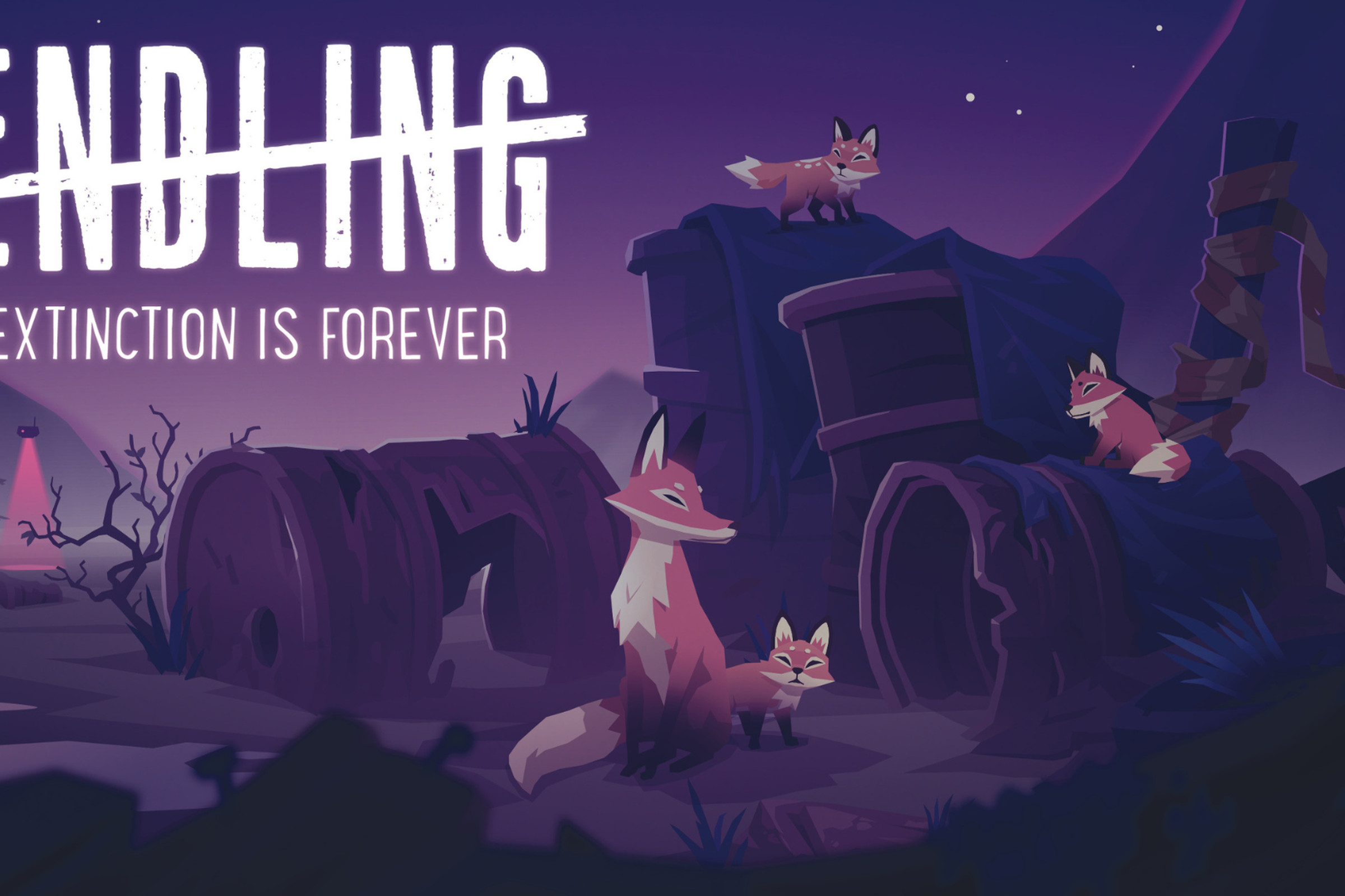 Art from Endling - Extinction is Forever featuring a family of foxes in a dark, trash strewn landscape with the title Endling - Extinction is Forever in white letters in the top left of the image.