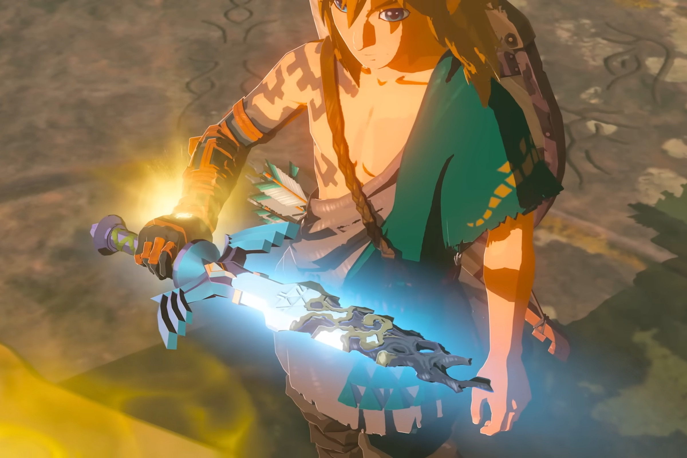 Link holds a Master Sword in this screenshot from The Legend of Zelda: Tears of the Kingdom.