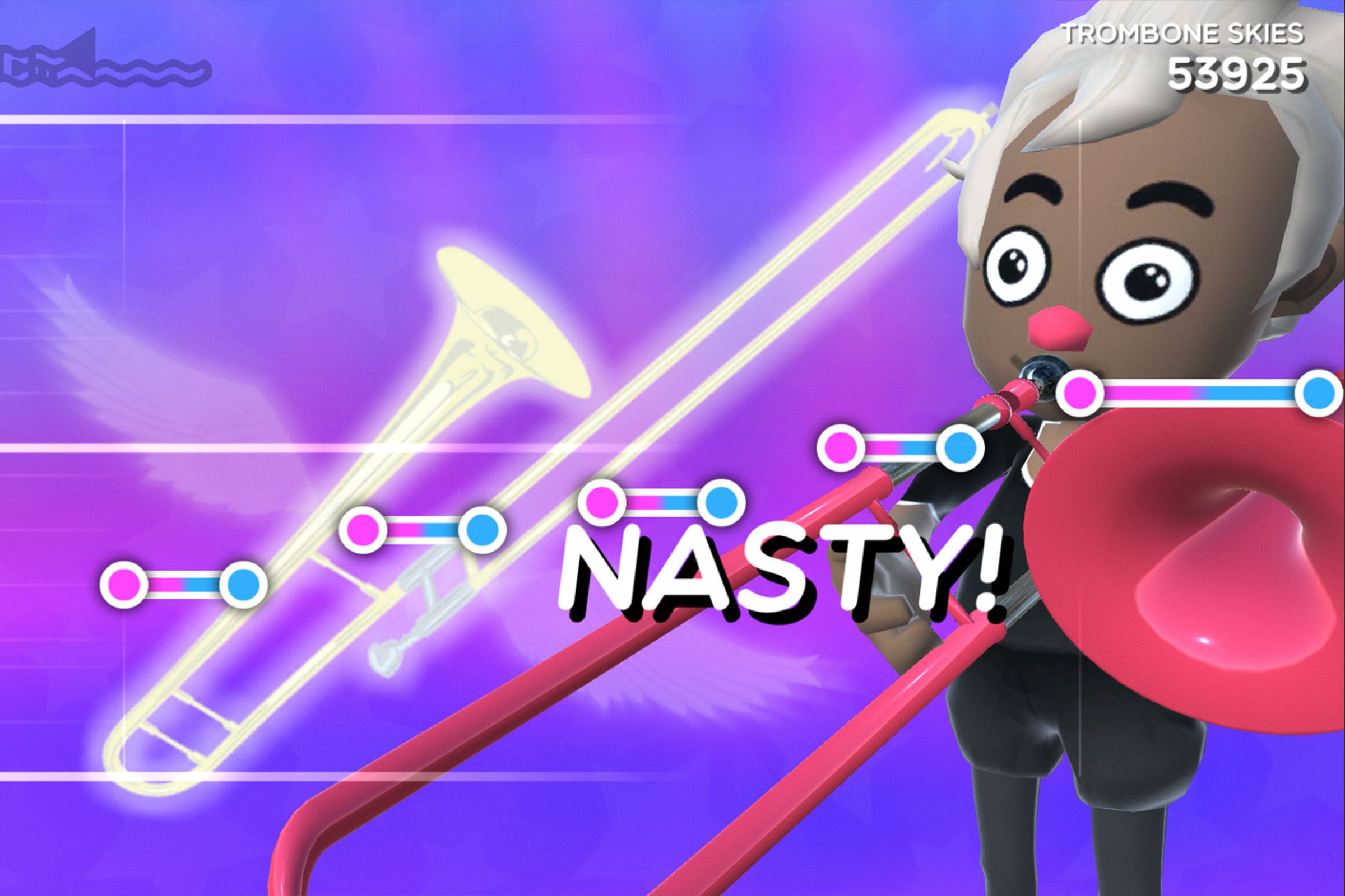 A screenshot from the game Trombone Champ. The player has missed a note, so there’s a message on the screen that reads, NASTY!