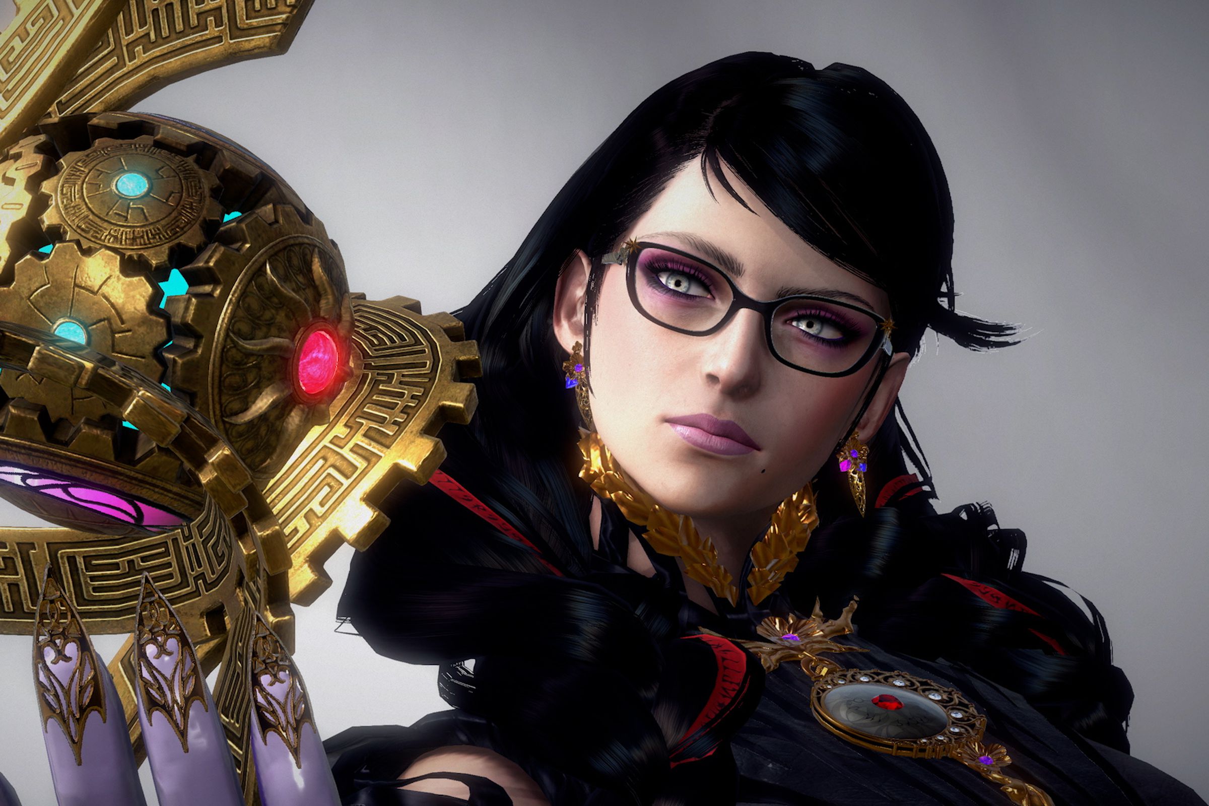 Screenshot from Bayonetta 3 featuring the titular heroine with long curled black hair and black glasses holding up a golden orb with colorful gems and gears inside it
