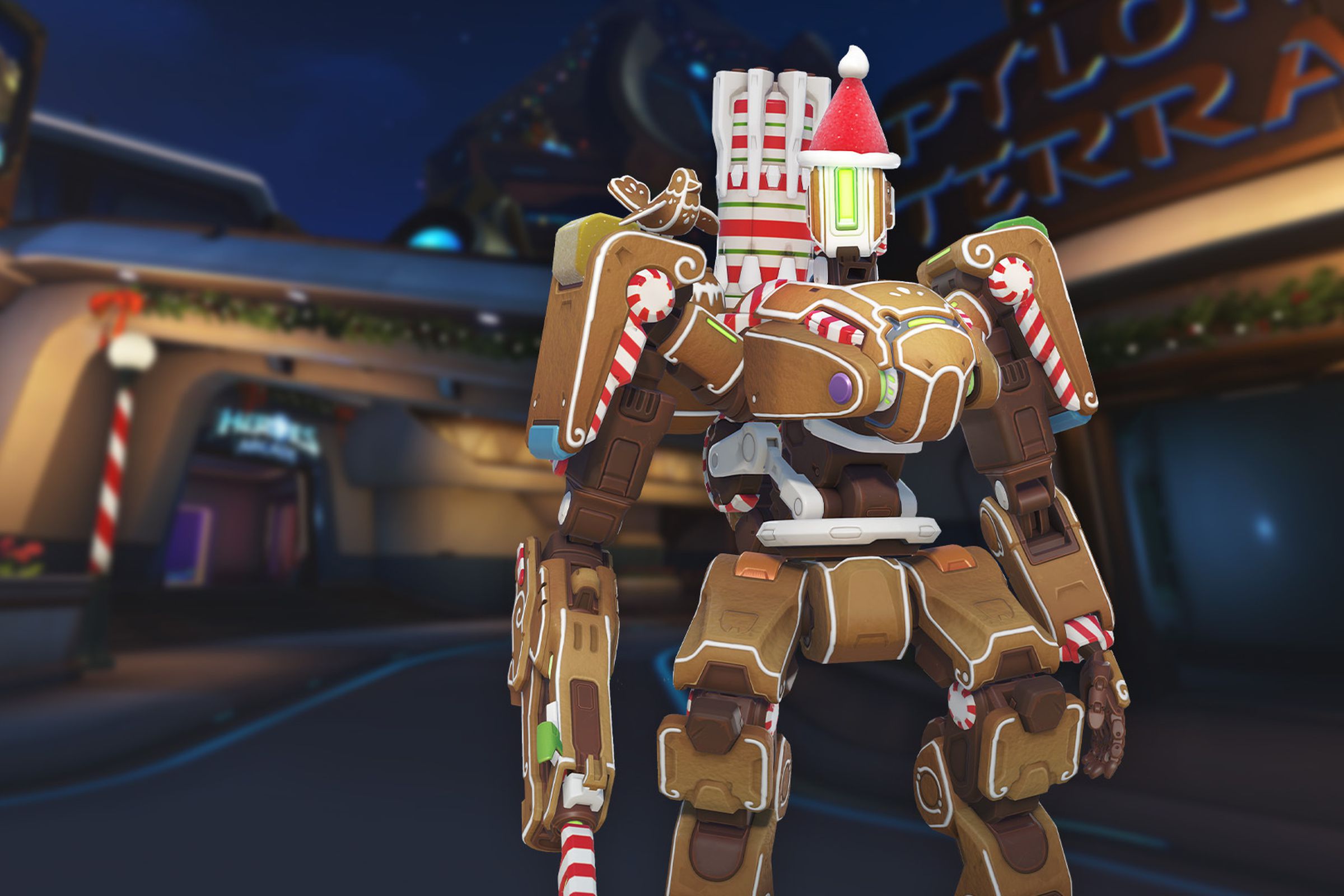 Screenshot of Overwatch 2’s holiday Bastion skin featuring a robot made to look like a gingerbread house