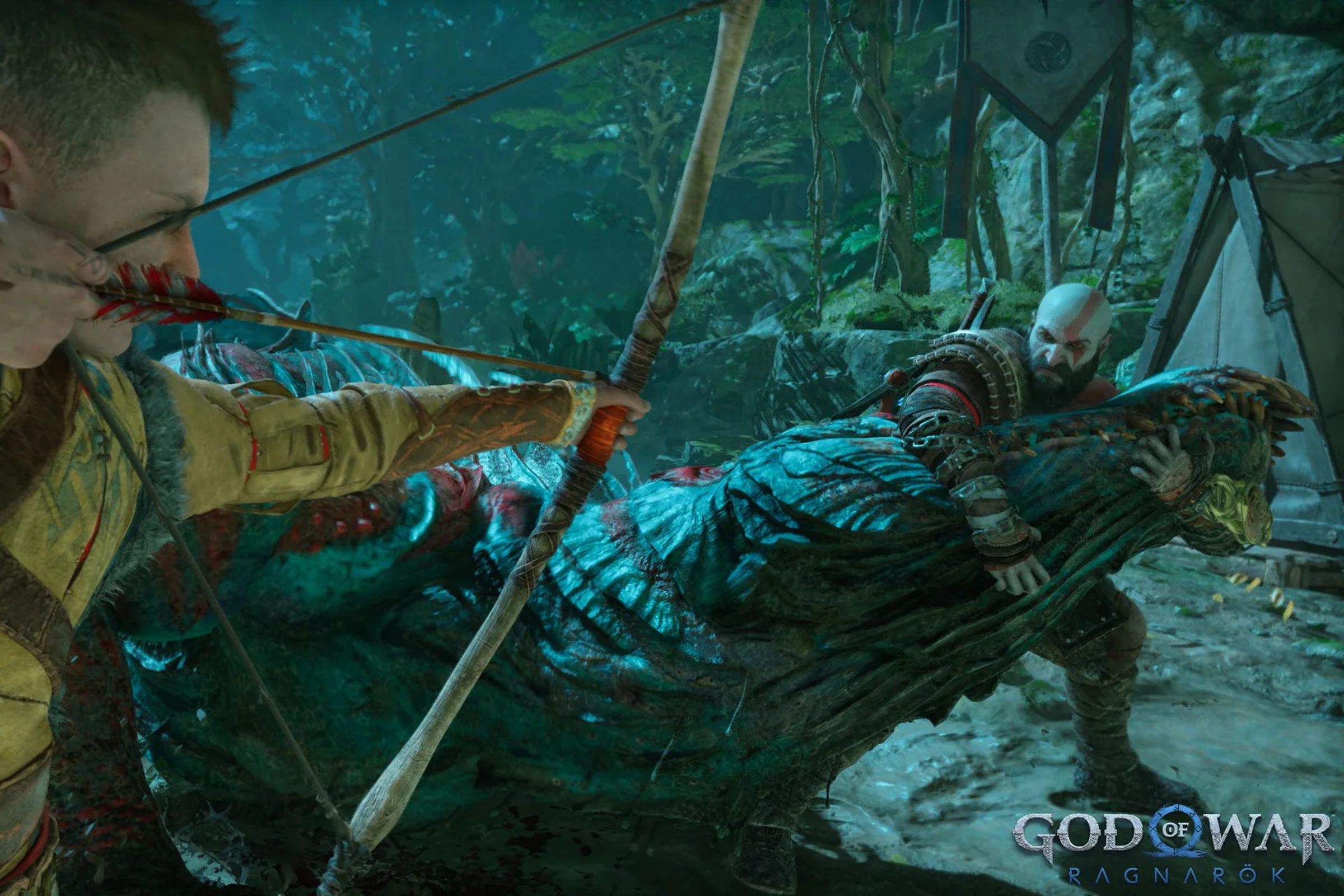 A screenshot from God of War Ragnarok. Atreus is has an arrow notched in his bow that’s pointed at a monster being held down by Kratos.