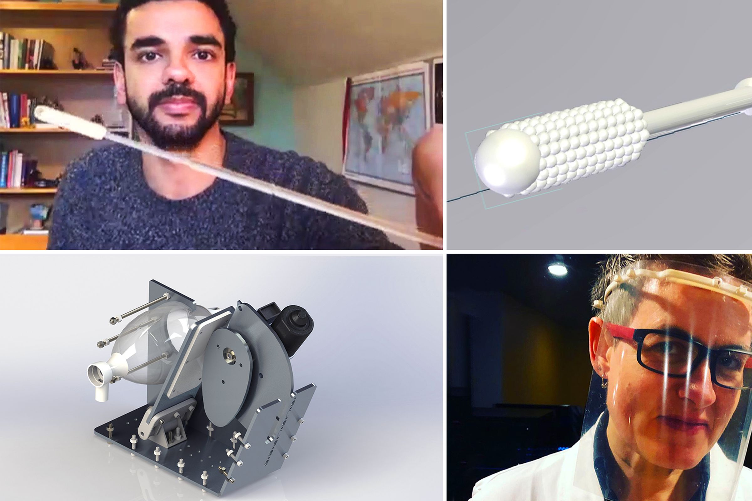 A montage of makers holding the medical equipment they made, and computer renderings of the equipment.