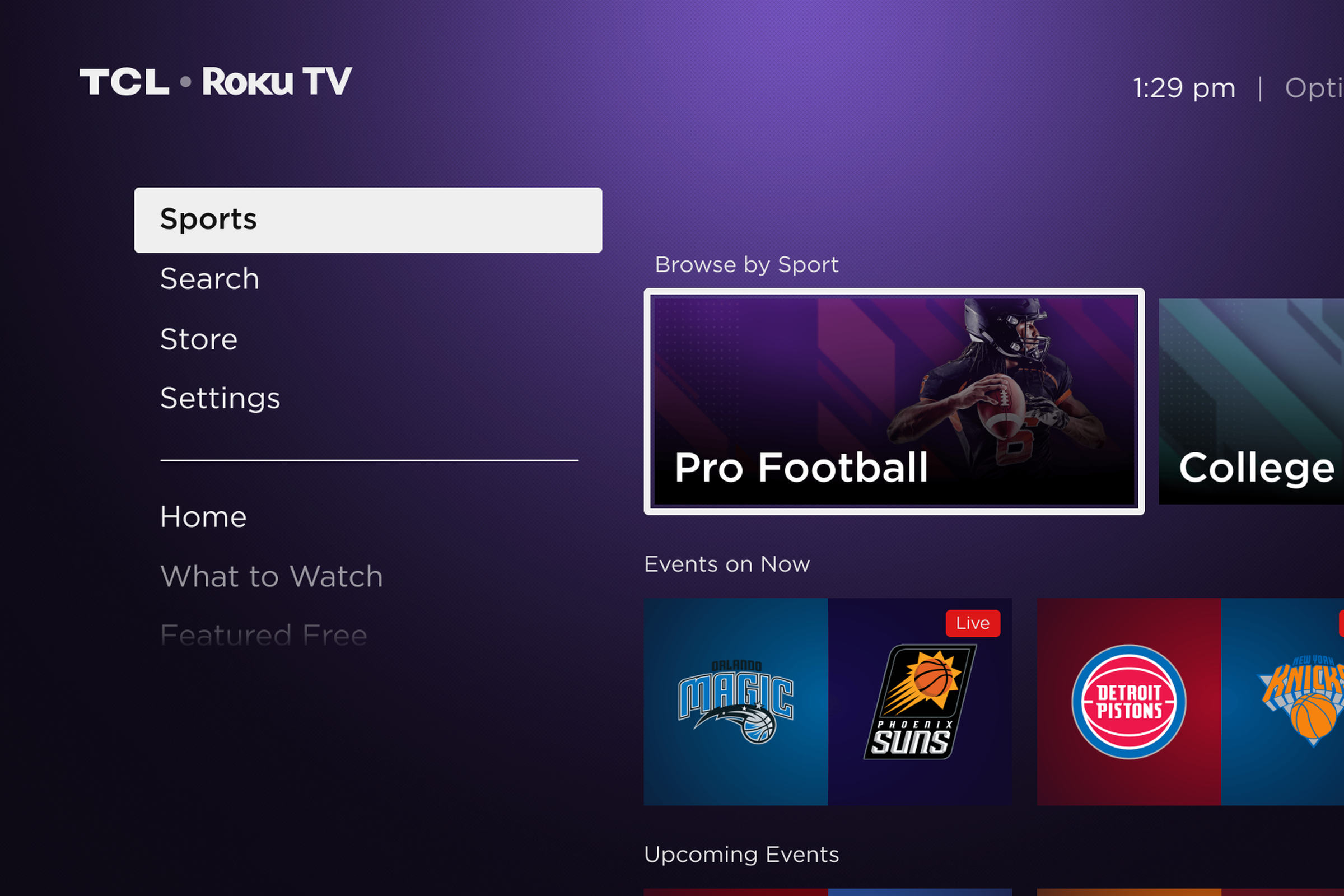 A screenshot of the new sports section of Roku’s homescreen.