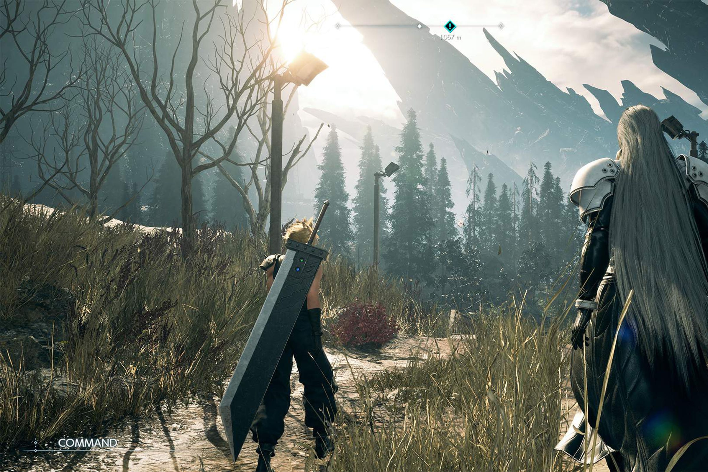 A screenshot from Final Fantasy VII Rebirth featuring Cloud and Sephiroth.