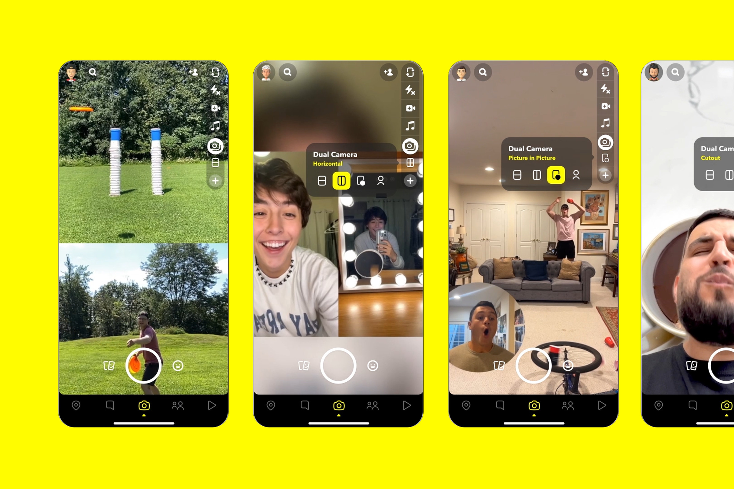 Four Snapchat screens showing different layouts of the dual camera feature.