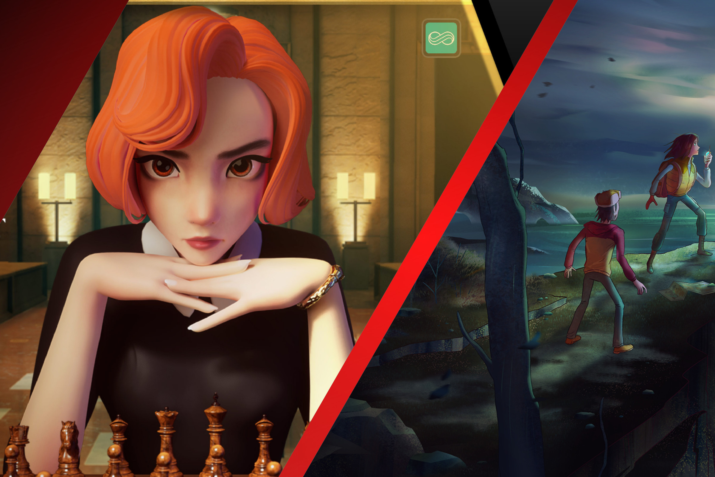 Key art from The Queen’s Gambit Chess and Oxenfree II: Lost Signals featuring a side-by-side split of art from both games against a red and black gradient background