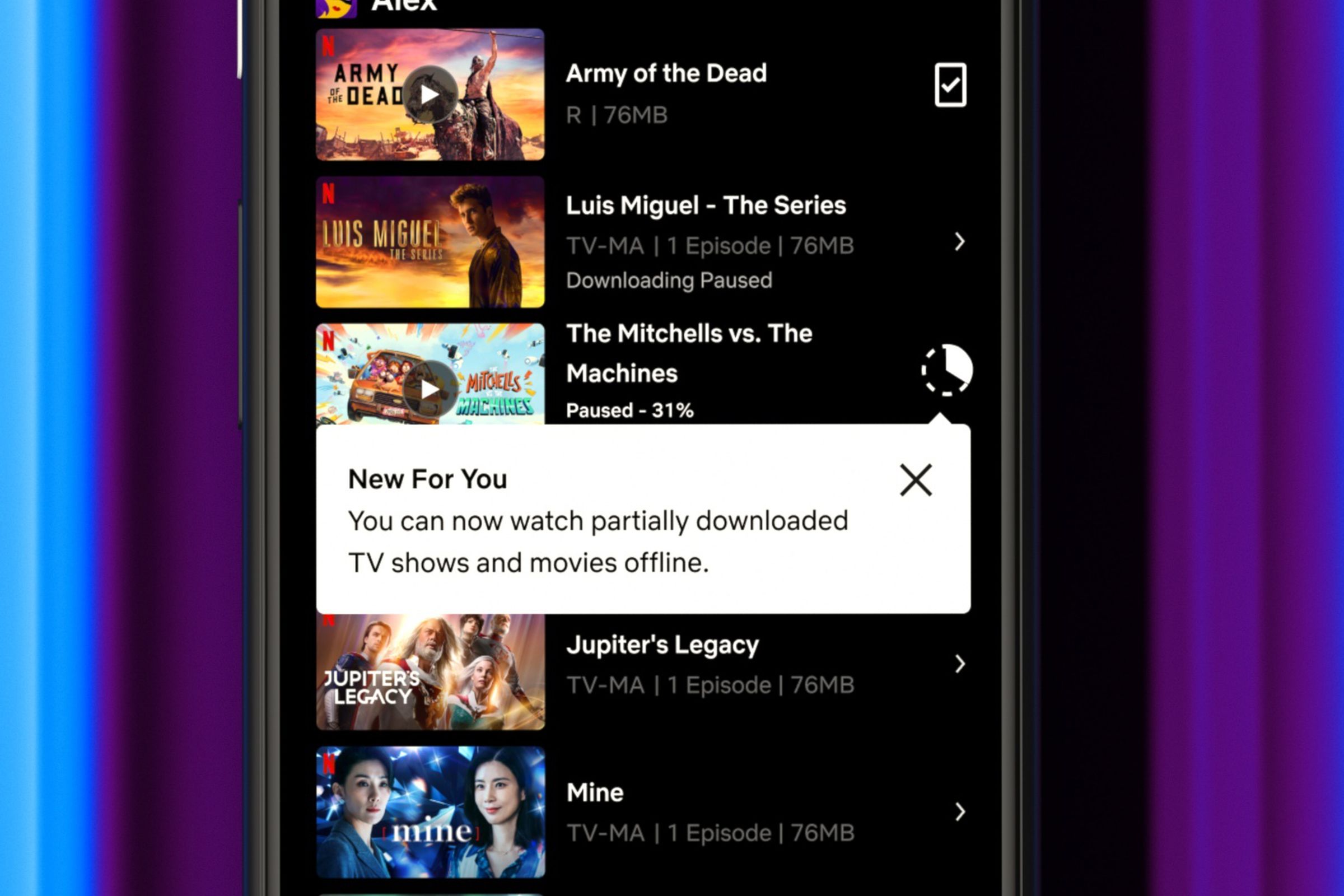 Netflix’s partial downloads feature displayed on a mobile device.