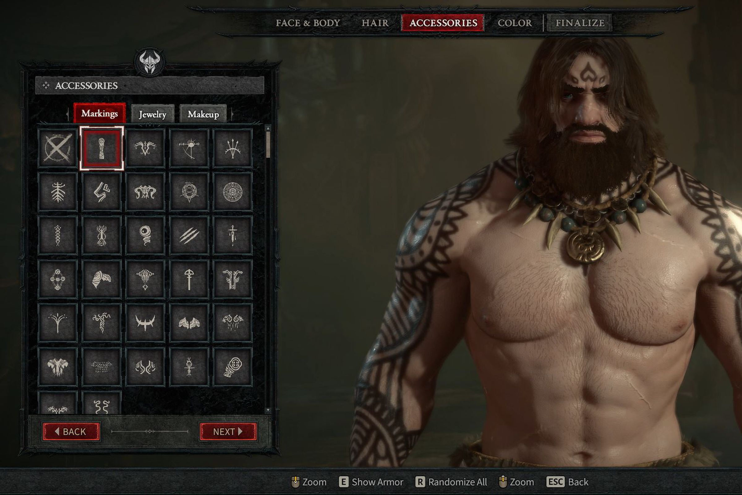 Screenshot from Diablo IV featuring the game’s character customization screen with a muscular caucasian male barbarian