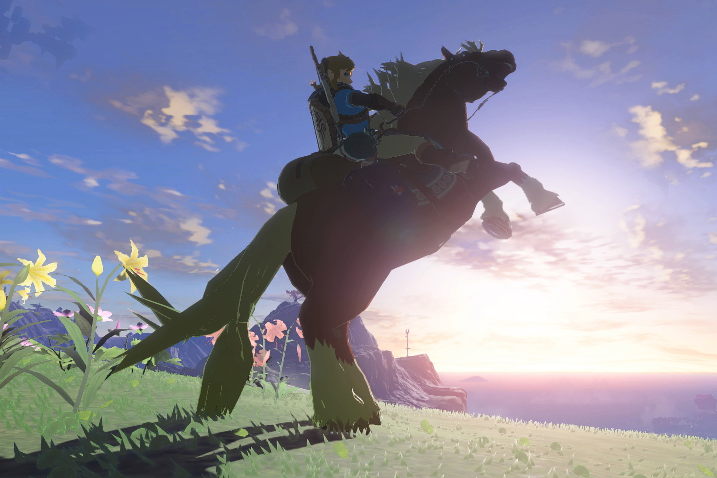 In a screenshot from The Legend of Zelda: Tears of the Kingdom, Link rides a horse in front of a sun-filled horizon.