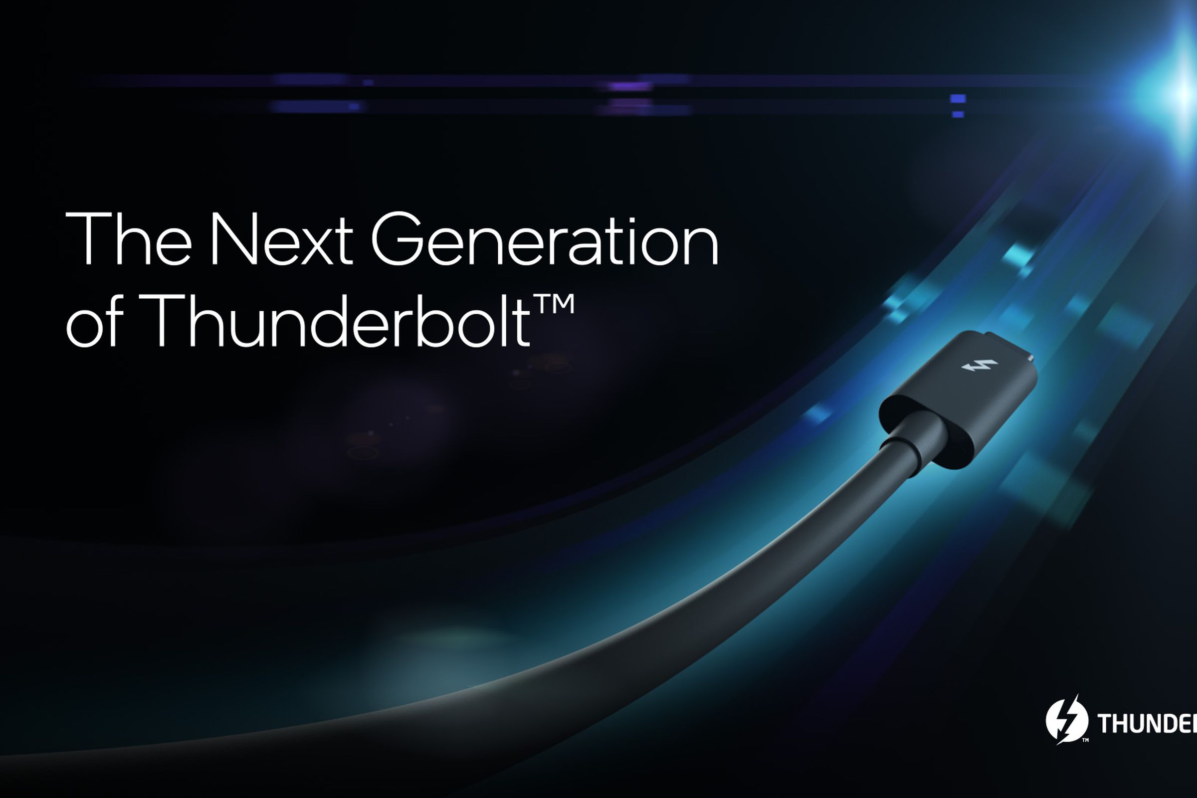 Illustration of a Thunderbolt cable, with the label “the next generation of Thunderbolt.”