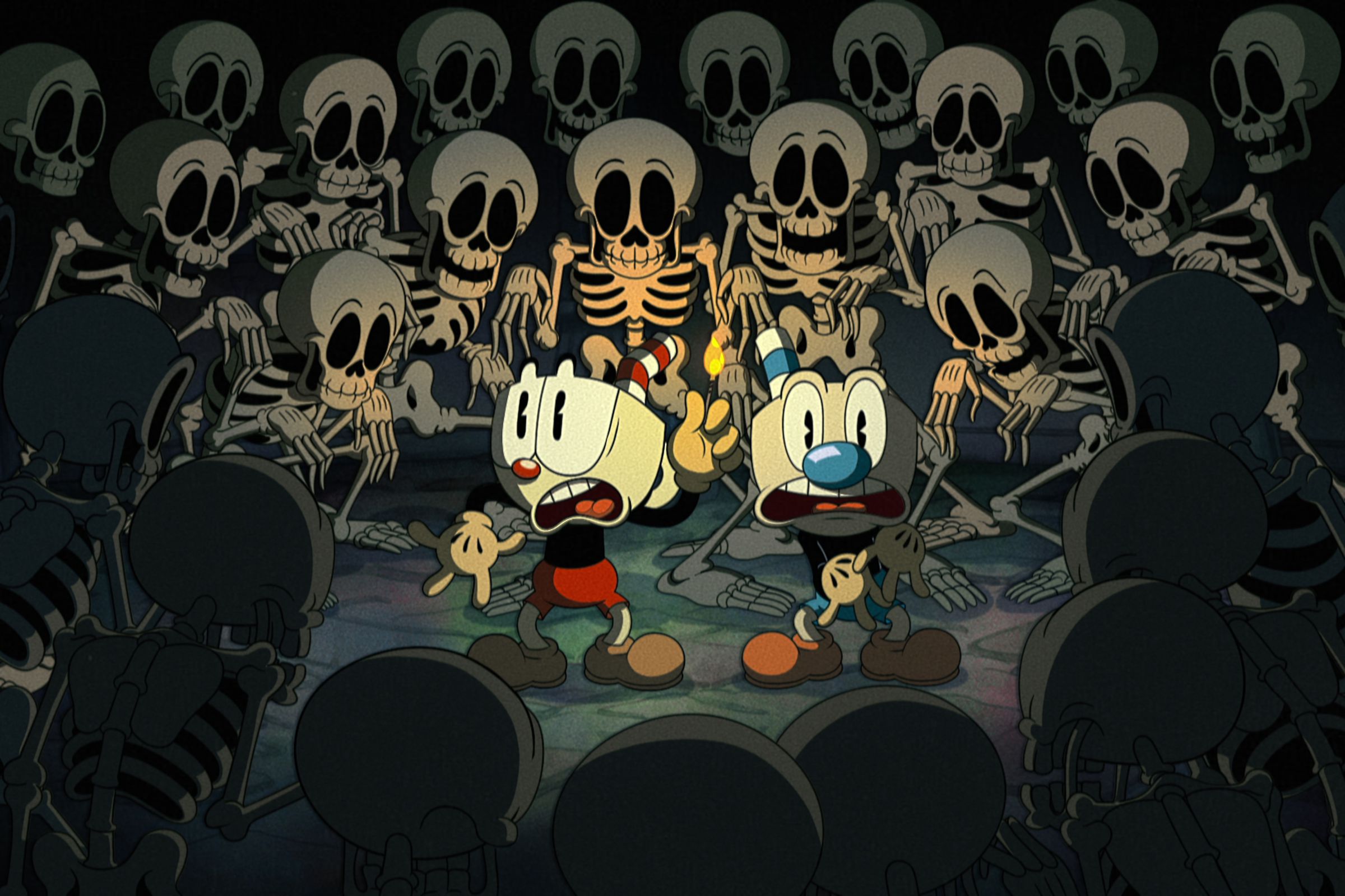 Cuphead and Mugman realizing that they’re in danger.