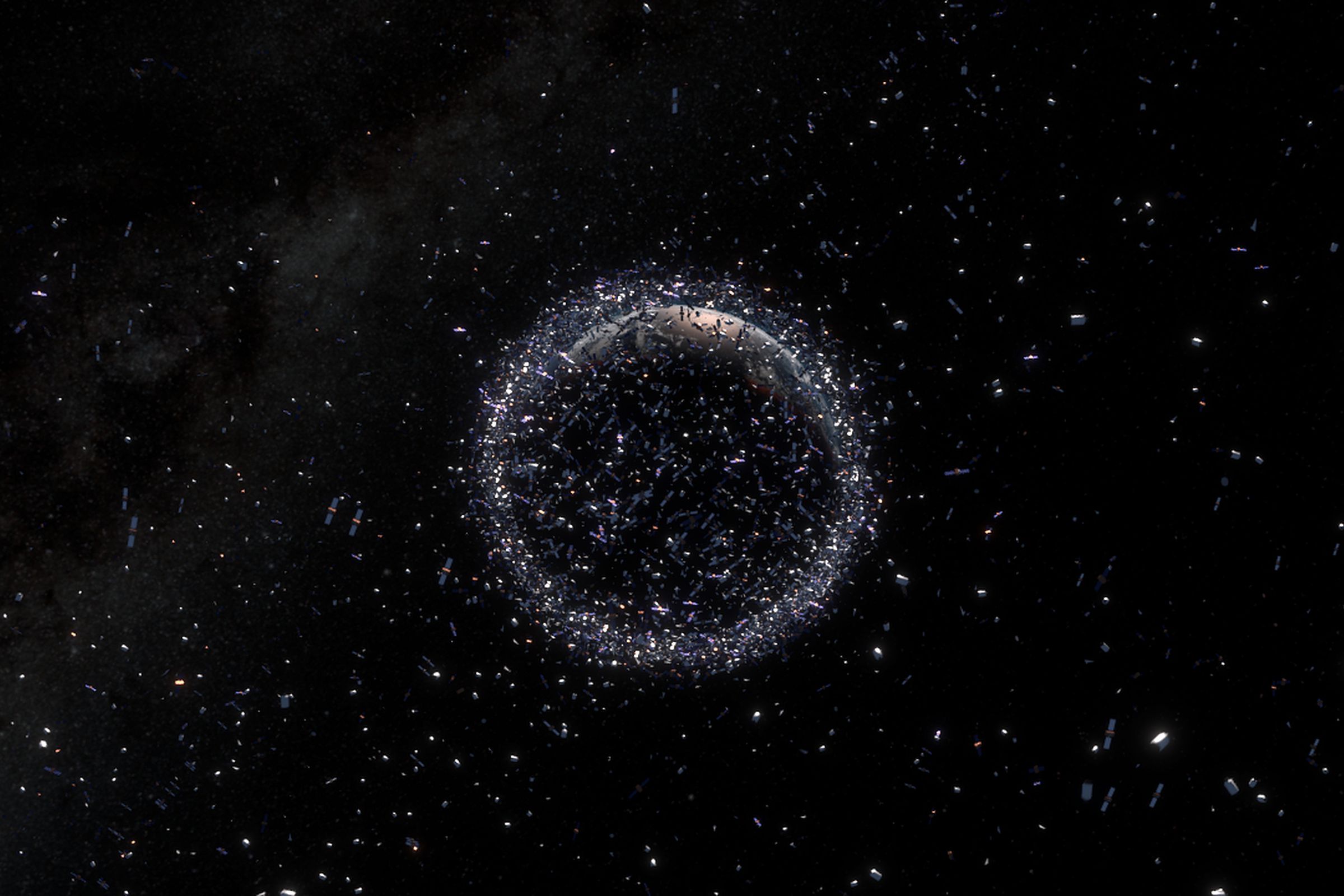 An artistic rendering of space debris in orbit around Earth
