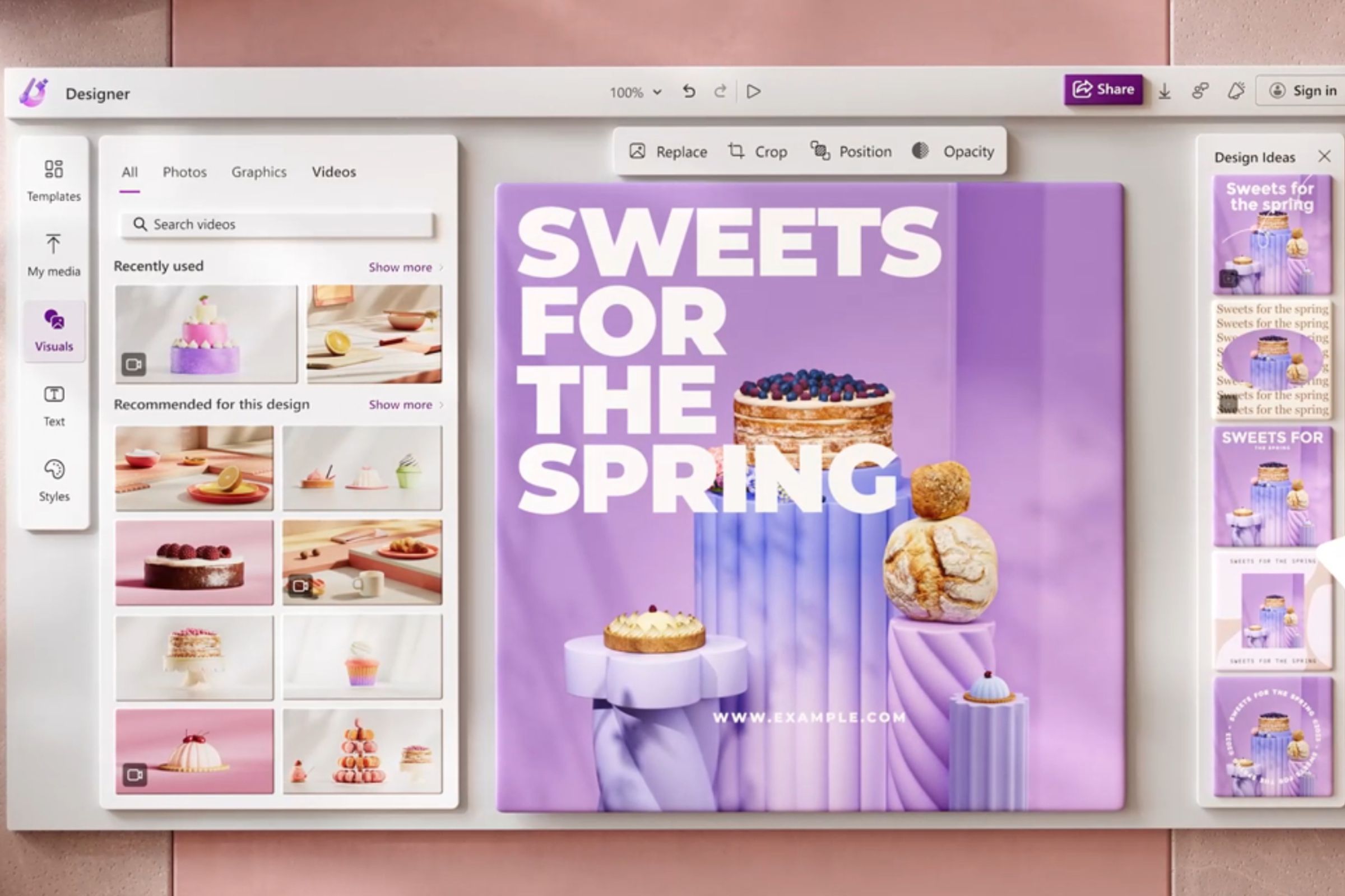 A screenshot of the Microsoft Designer software displaying an ad campign for cakes.