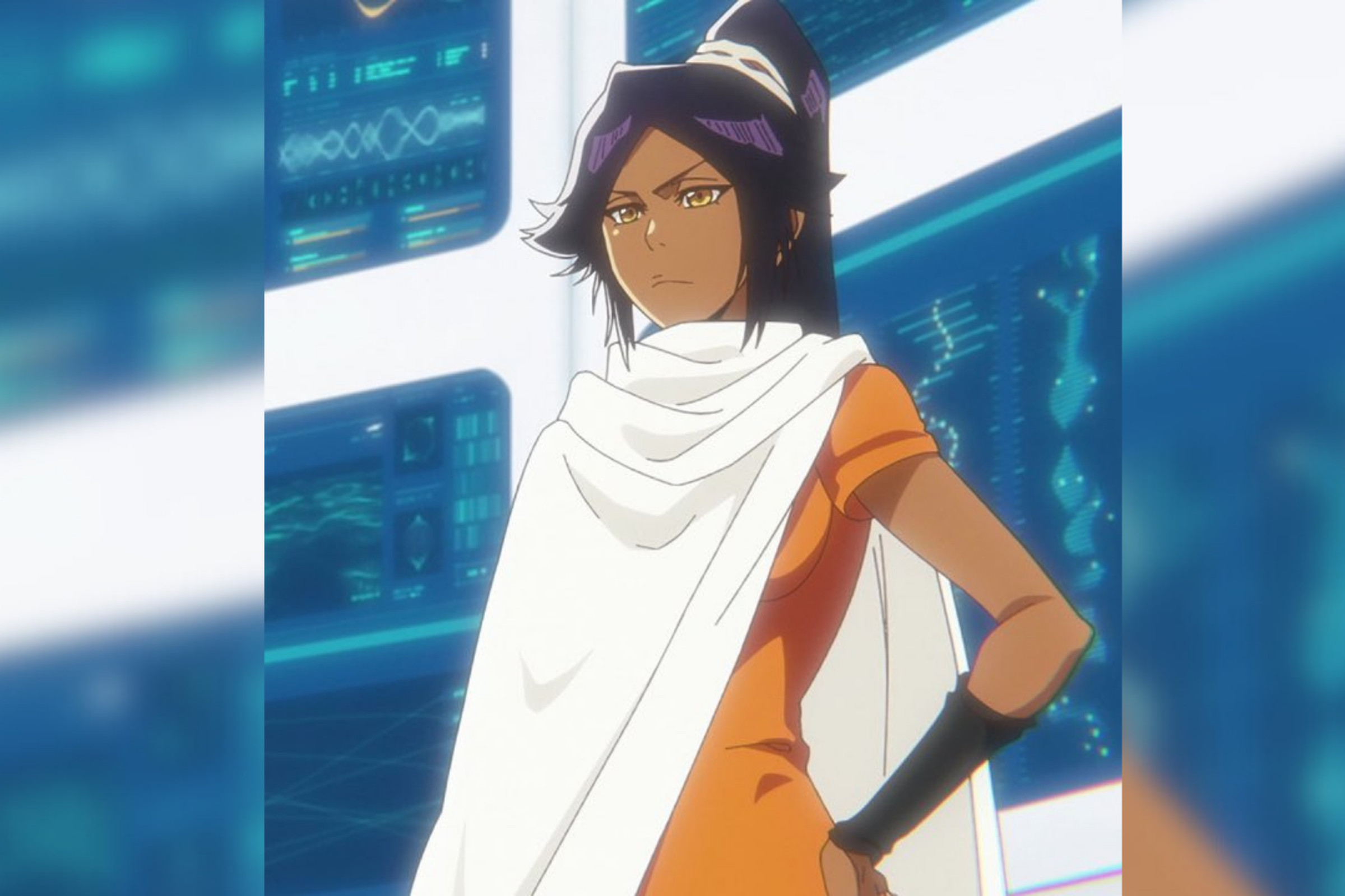 Screenshot from Bleach: Thousand Year Blood War featuring Yoruichi, a dark skinned purple haired woman wearing a white cloak draped over an orange shirt.