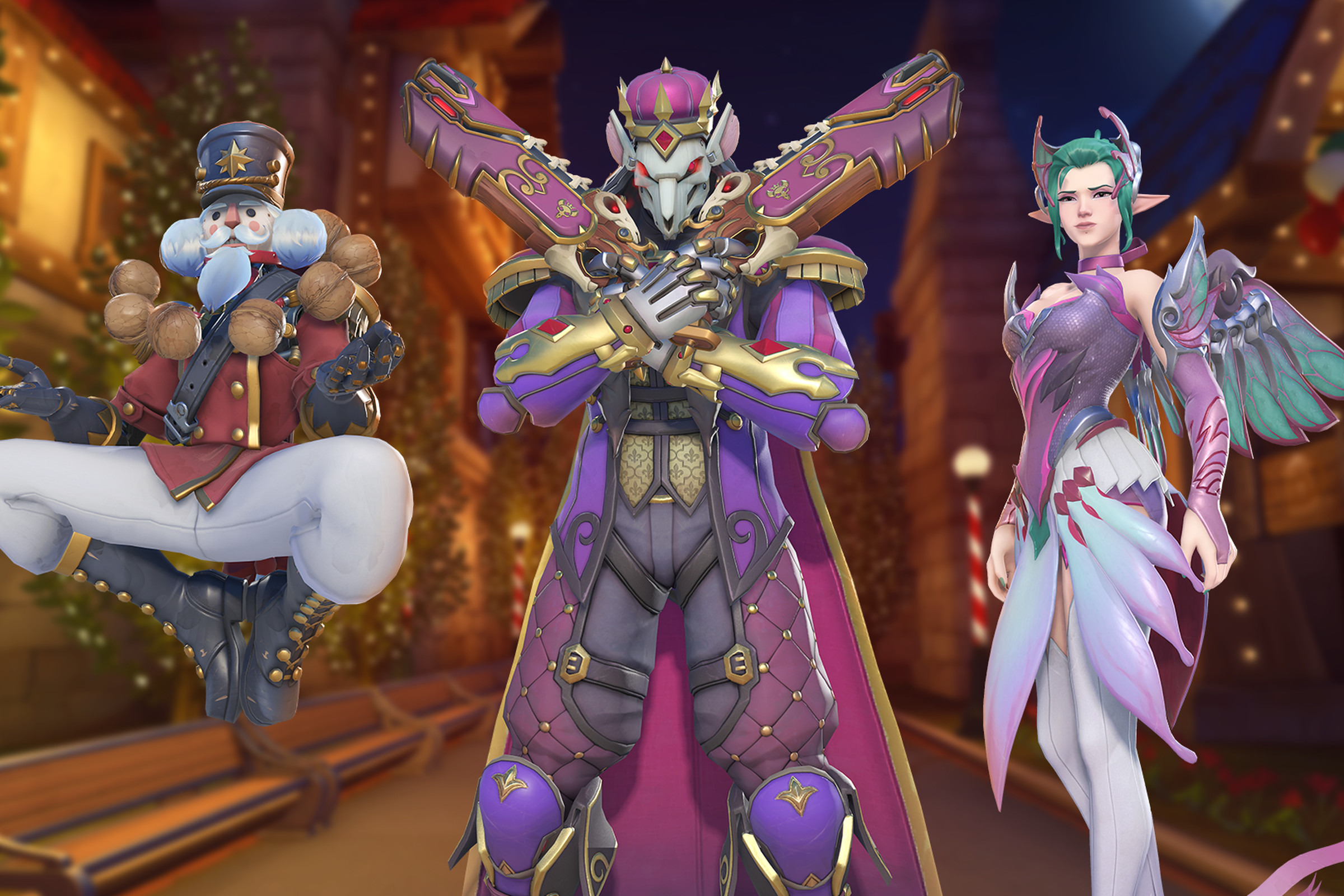 Screenshot from Overwatch 2 featuring Zenyatta, Reaper and Mercy in Christmas holiday-themed skins