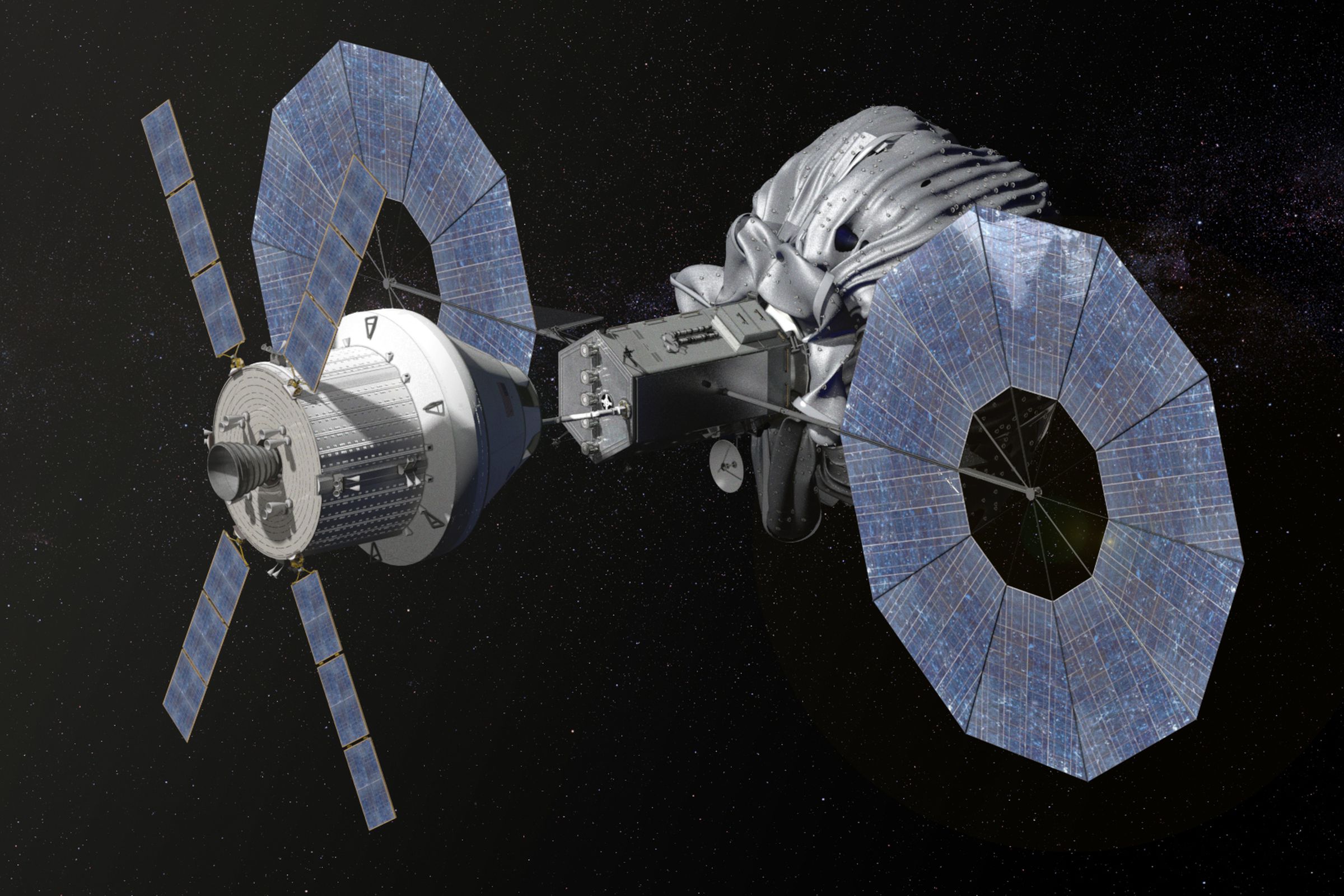 Concept rendering of Orion approaching the asteroid capture vehicle