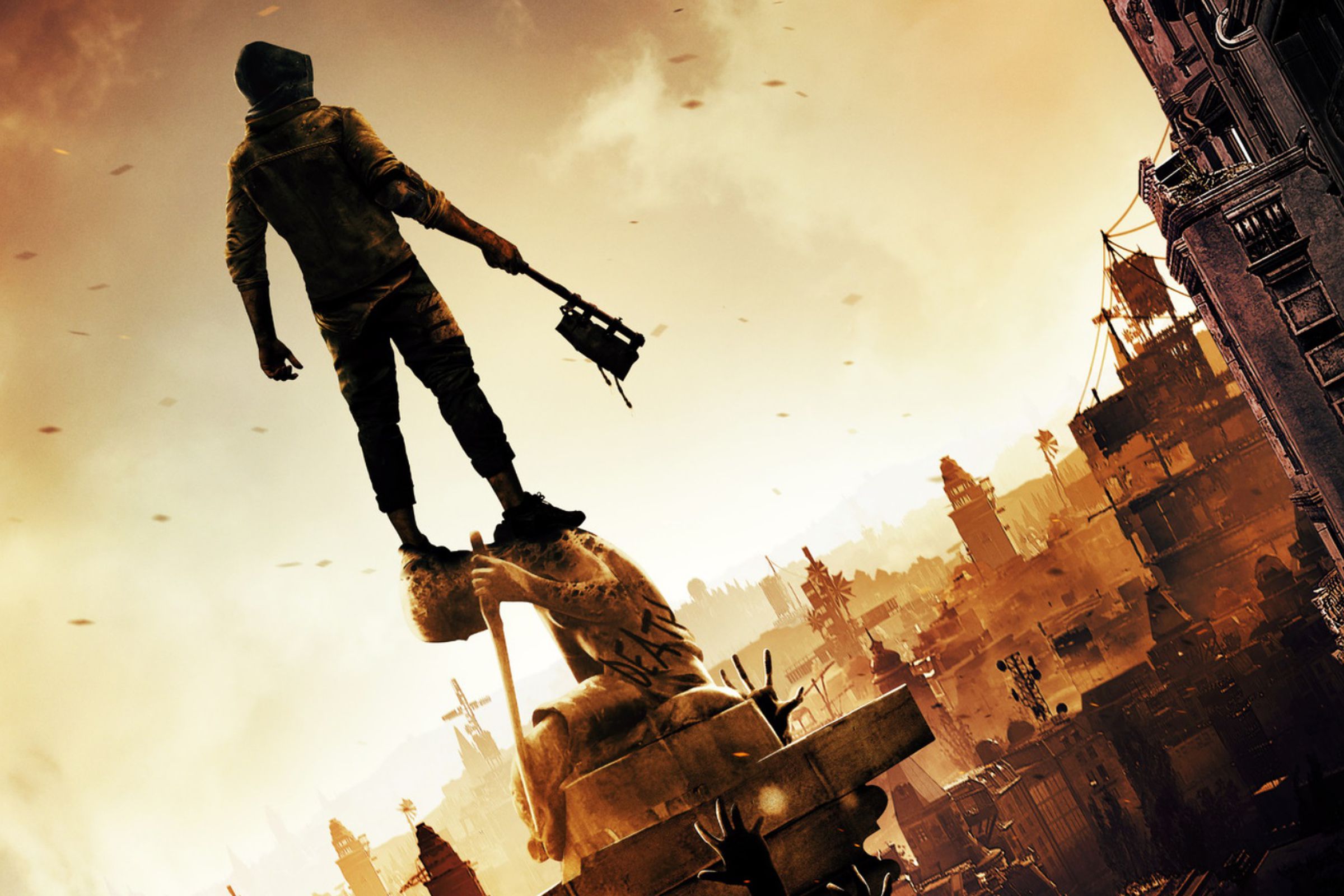 Key art from Dying Light 2 featuring a person silhouetted against a yellow sky holding an improvised axe weapon.