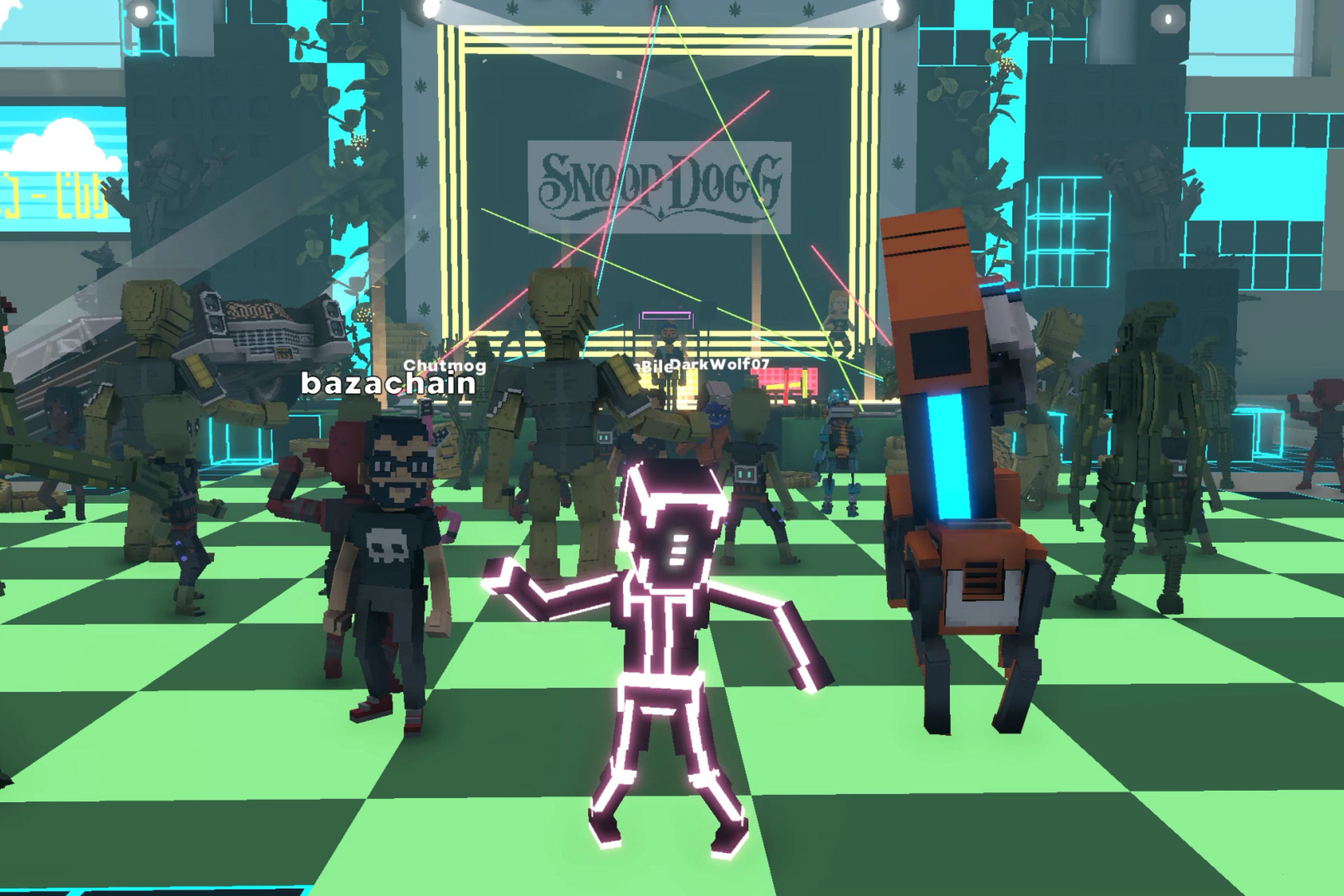 A virtual concert hall with blocky avatars dancing in front of a Snoop Dogg sign.