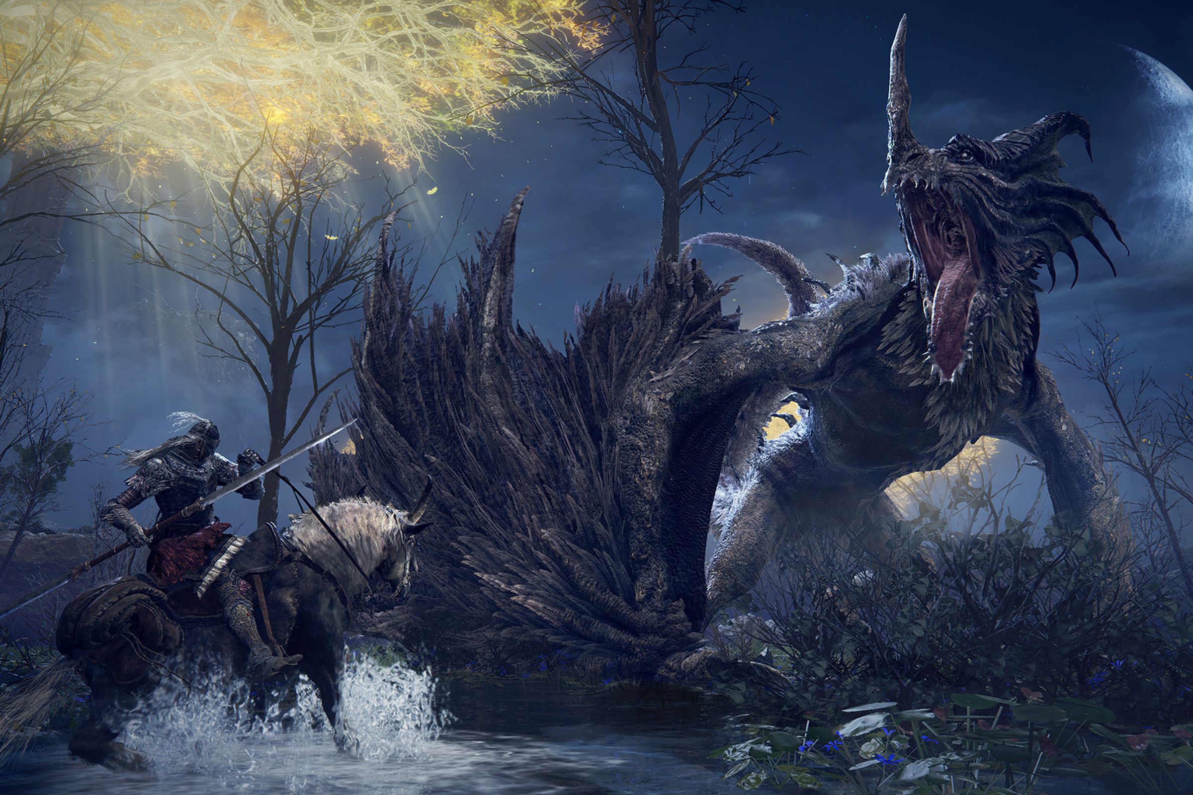 Screenshot pf a character fighting a beast from the Elden Ring game.