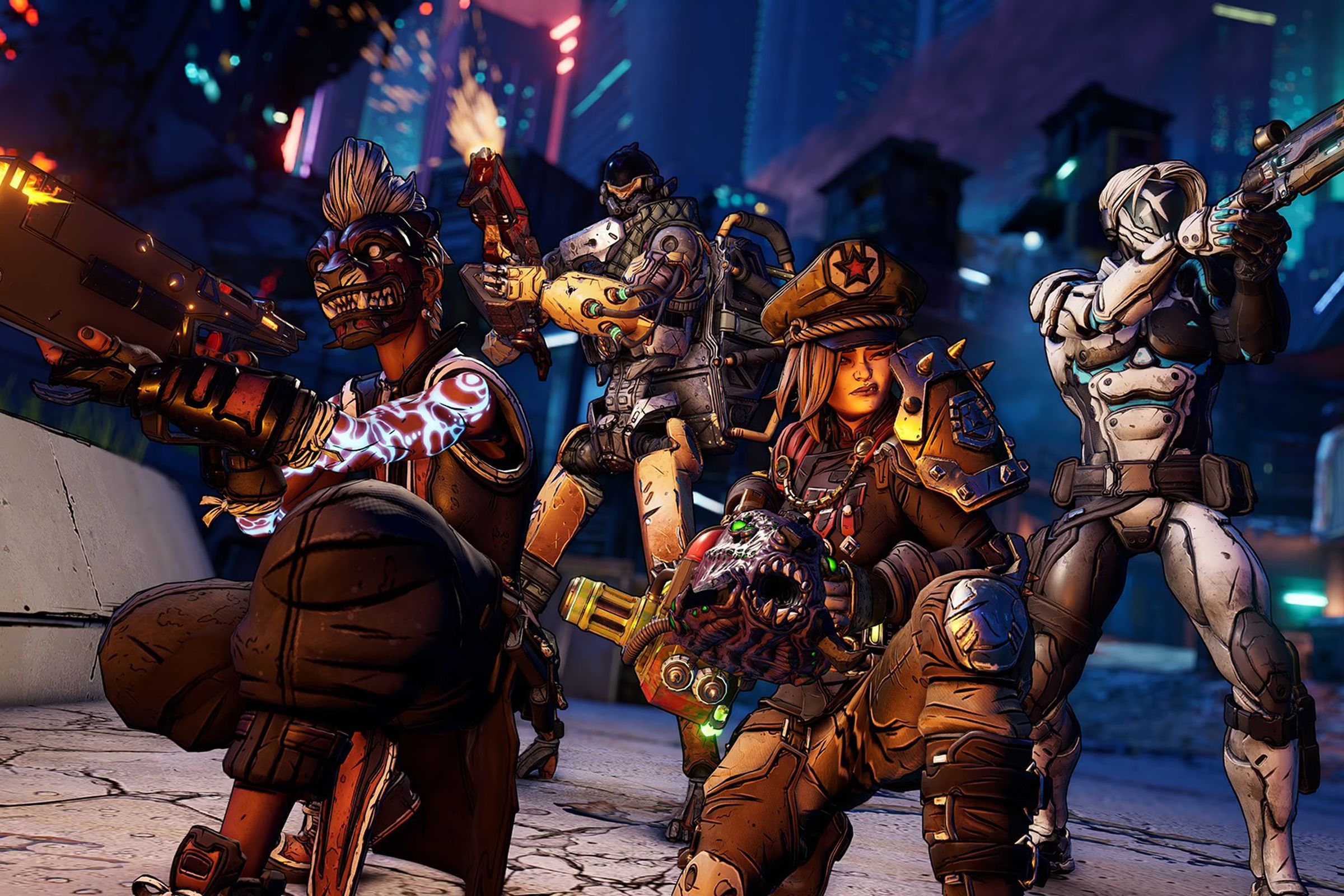 A screenshot from the game Borderlands 3, showing four gun-toting characters looking tough.