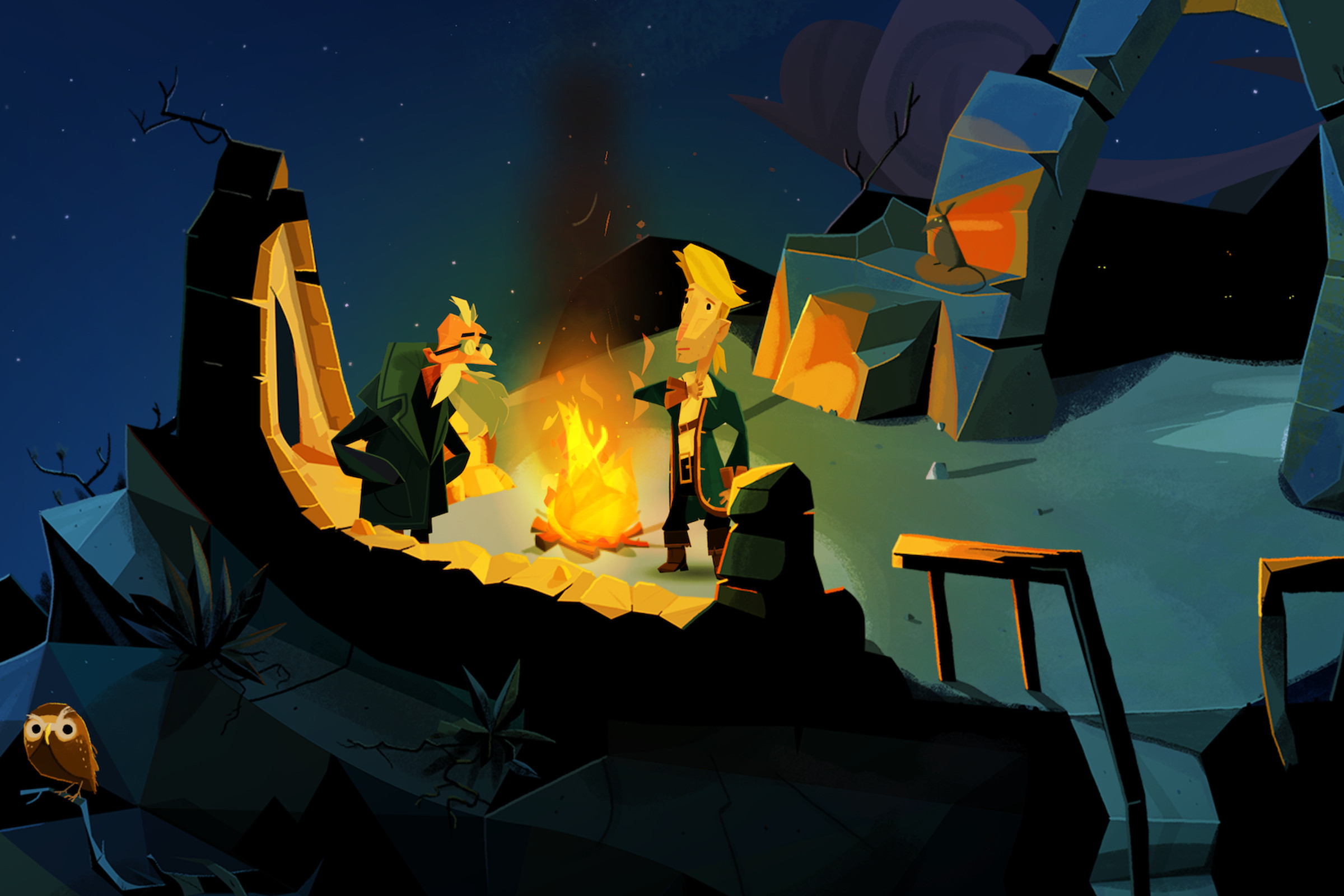 A monkey and a man stand around a campfire on a cliff.