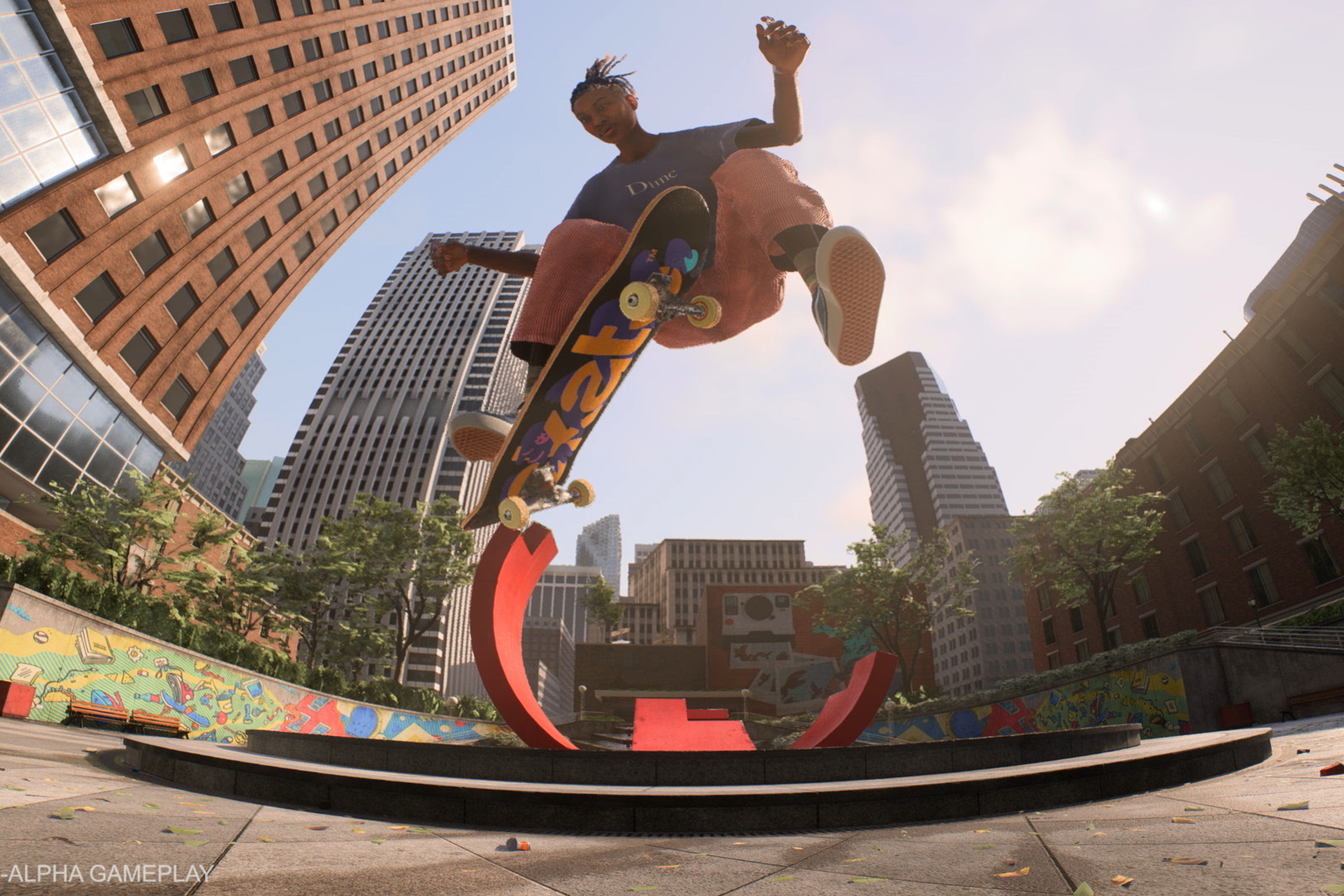 A skateboarder is doing a trick in the air in this screenshot from Skate. The camera is low to the ground and the photo looks like it is taken with a fish eye lens.