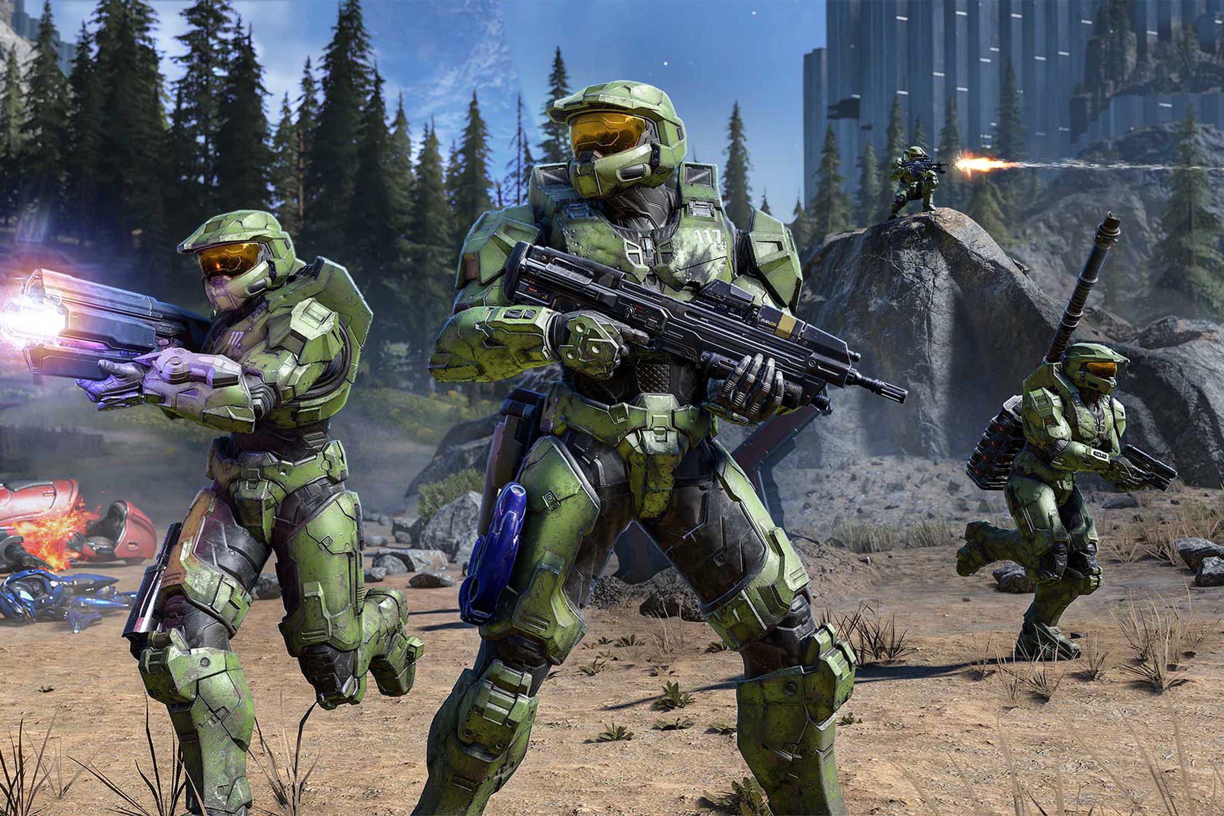 Windows Three Spartans are on the battlefield in Halo Infinite.