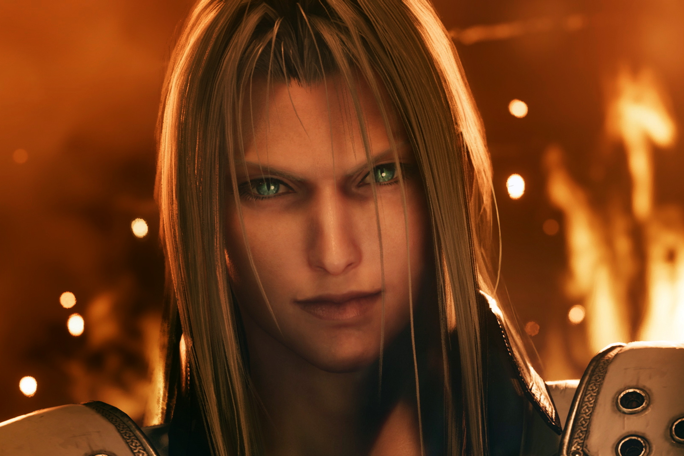 Image of Sephiroth from Final Fantasy VII Remake staring menacingly into the camera with bright mako-green eyes as the background burns
