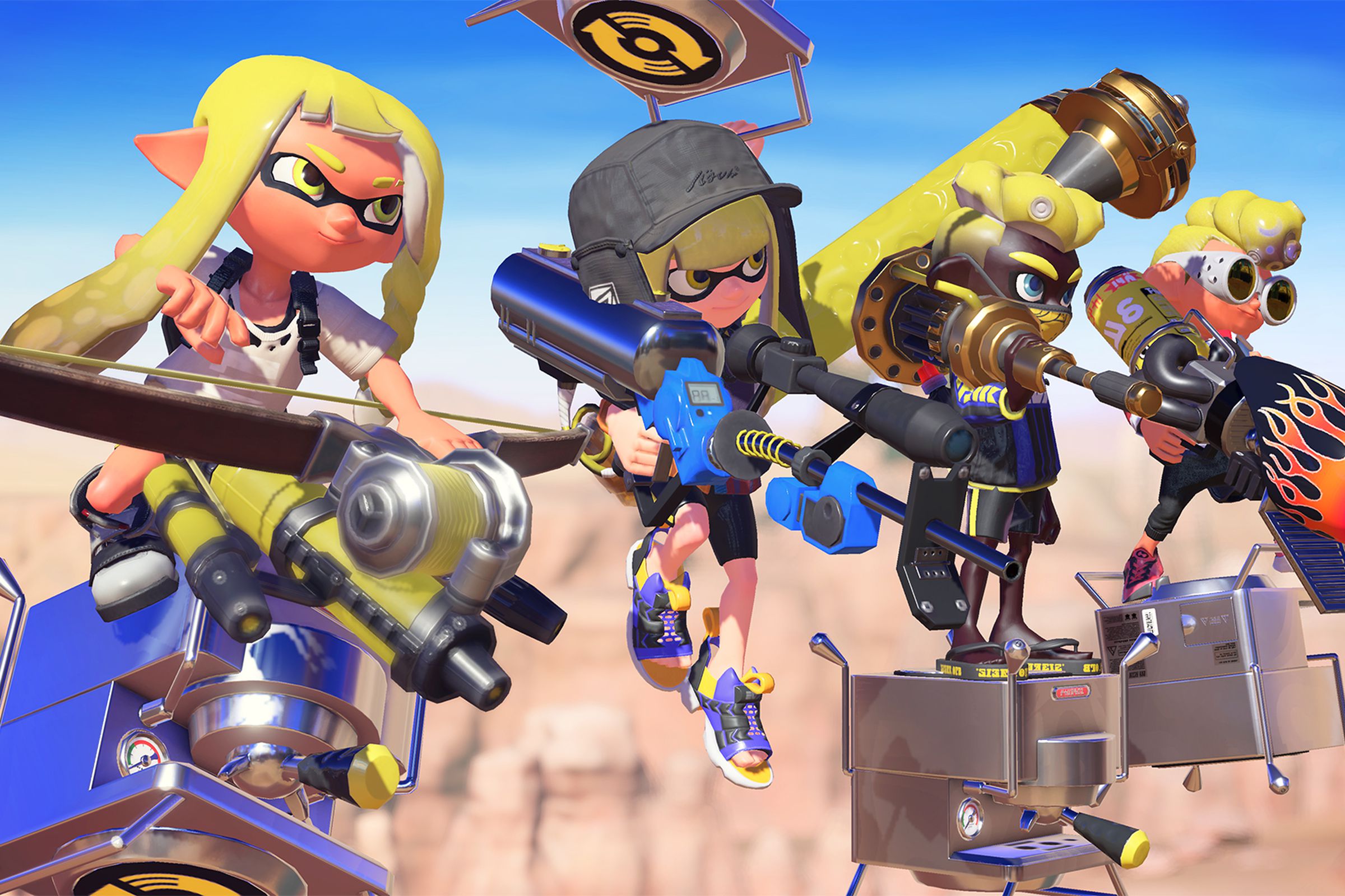 Screenshot from Splatoon 3 featuring four yellow-themed inkling humanoid creatures with octopus-like tentacle hair wearing modern clothing