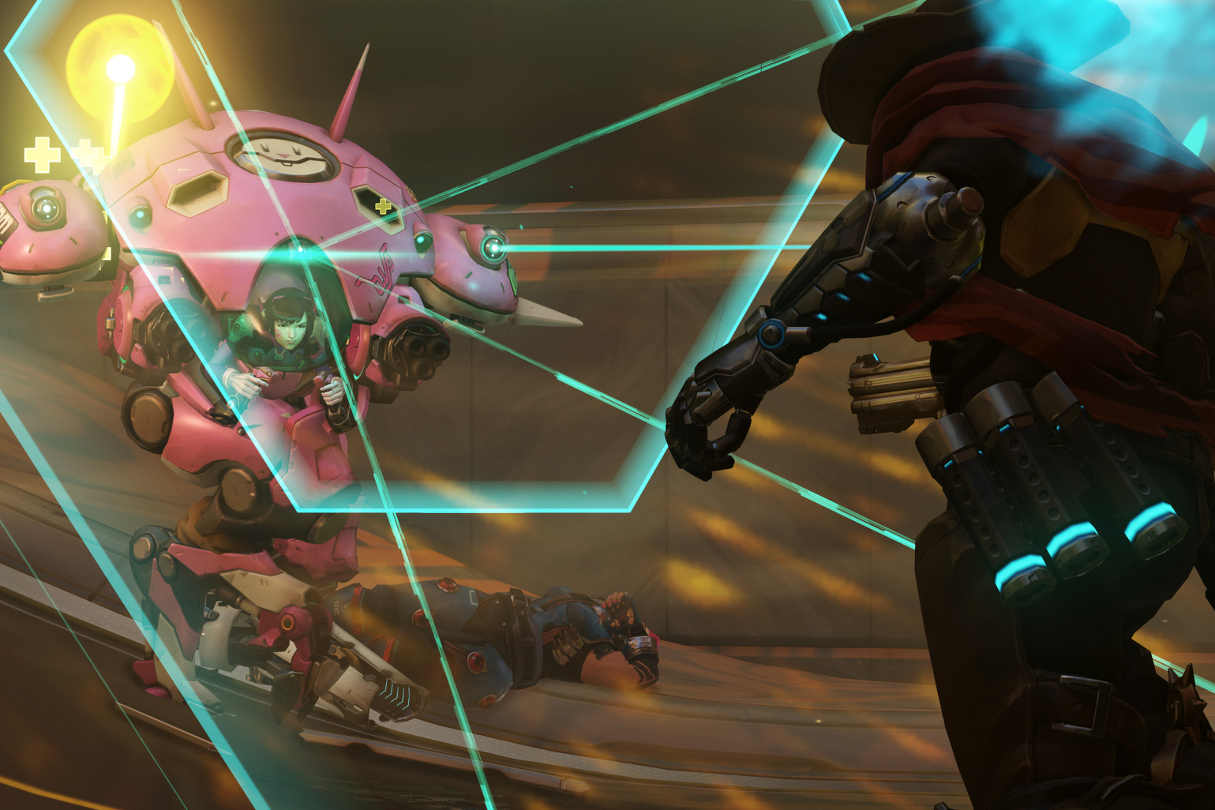 Screenshot from Overwatch featuring the hero D.Va in her pink bulbous mecha engaging her Defense Matrix represented as teal blue triangular shaped lasers that deflect bullets from the cowboy hero Cassidy.
