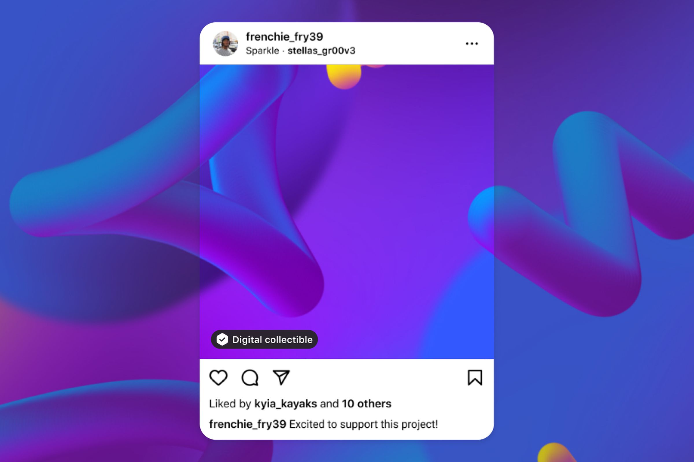 A screenshot of an Instagram post made using a digital collectible.