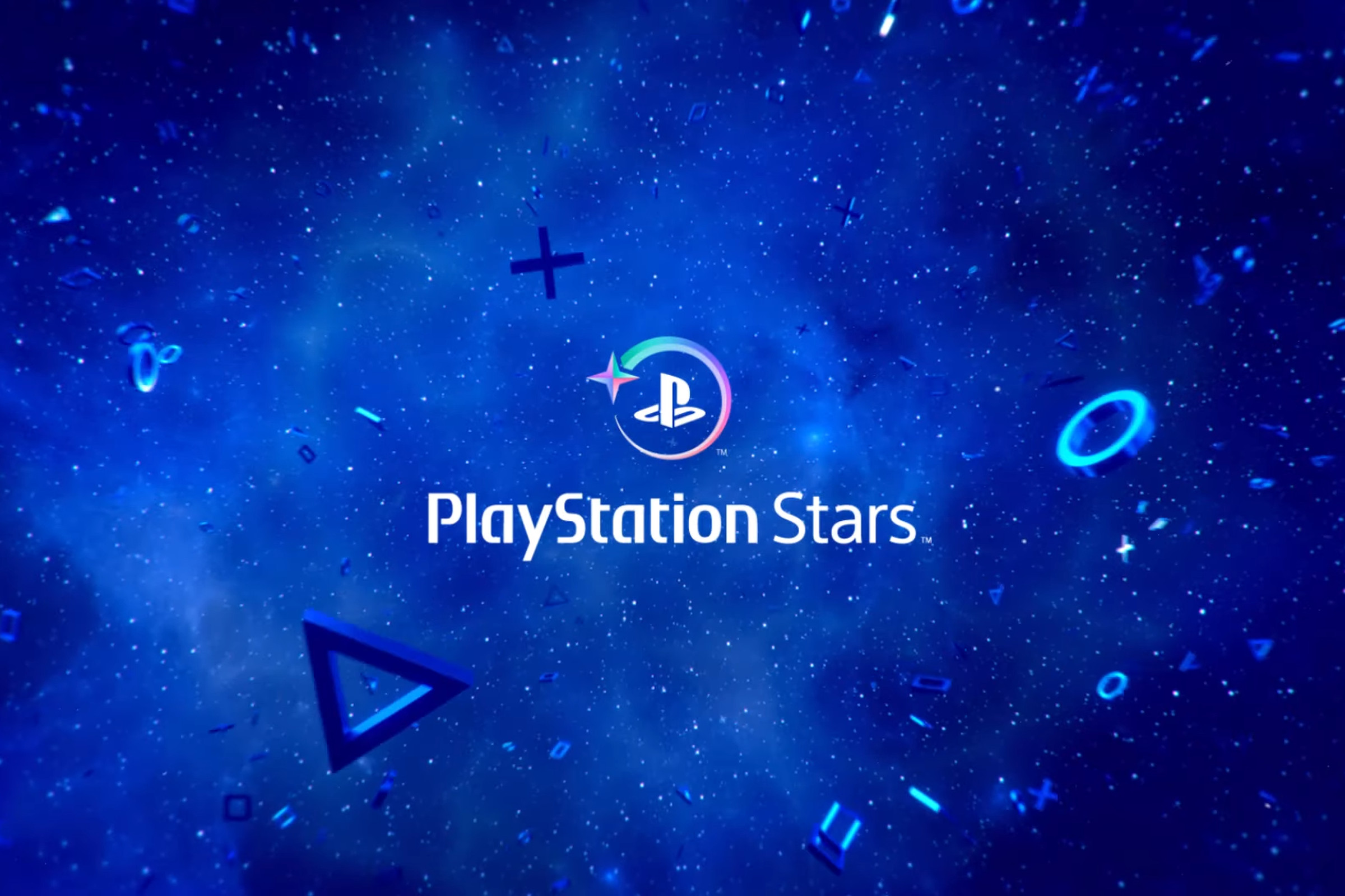 The PlayStation Stars logo on a space-themed background. The PlayStation button icons are floating around the image.