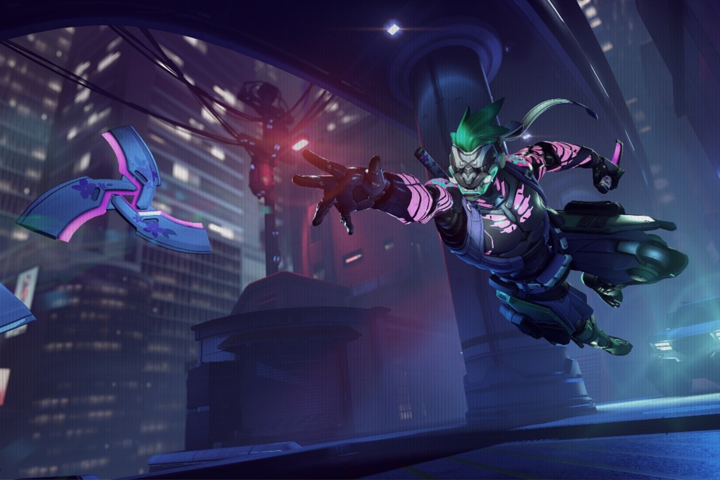 Promotional image from Overwatch 2 featuring the hero Genji, bedecked in a cyberpunk-inspired skin featuring neon tattoos and a bright red demon mask.