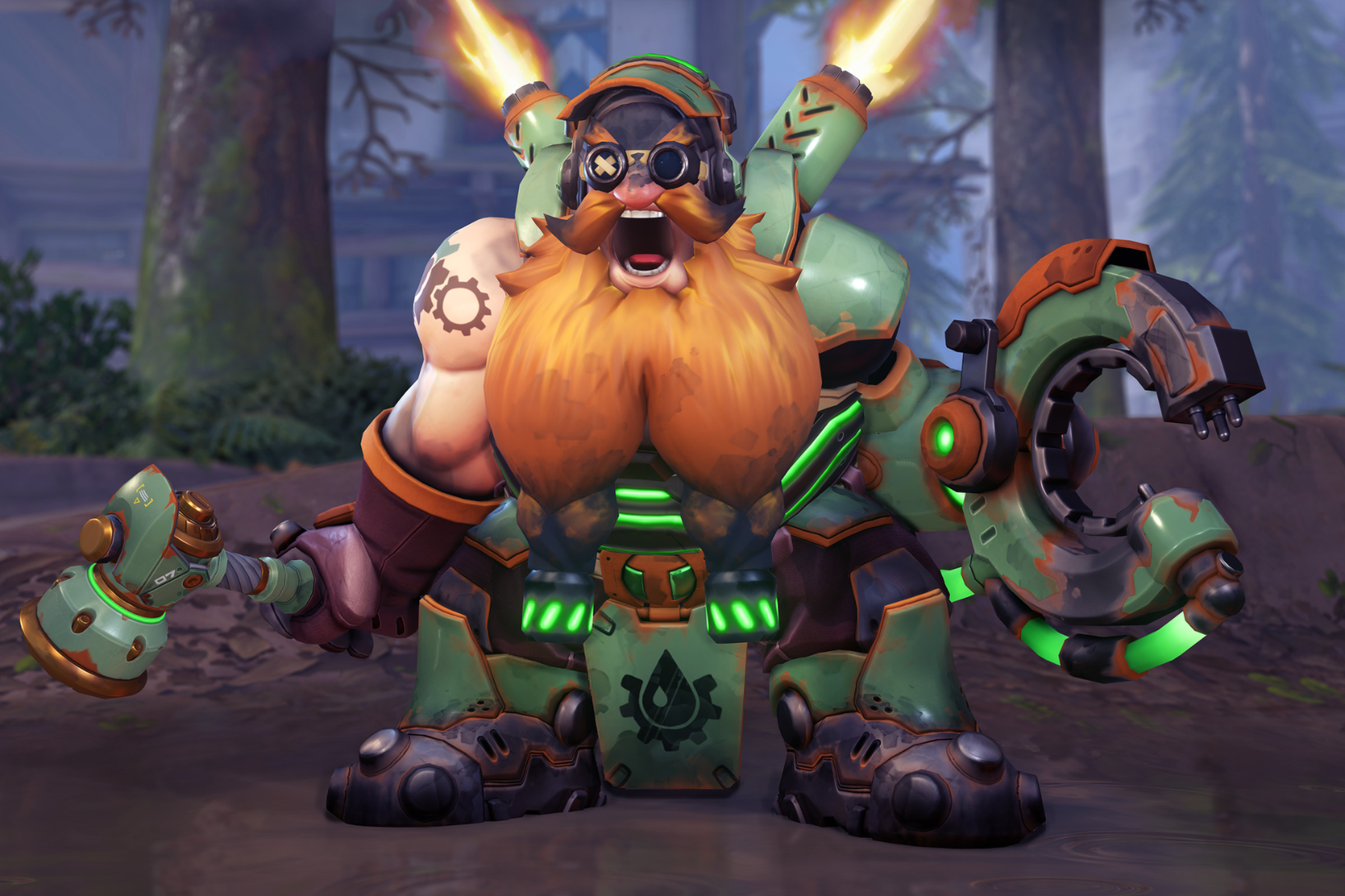 Screenshot from Overwatch 2 featuring the short hero Torbjorn with a red beard and a green two-pronged claw for a left hand.