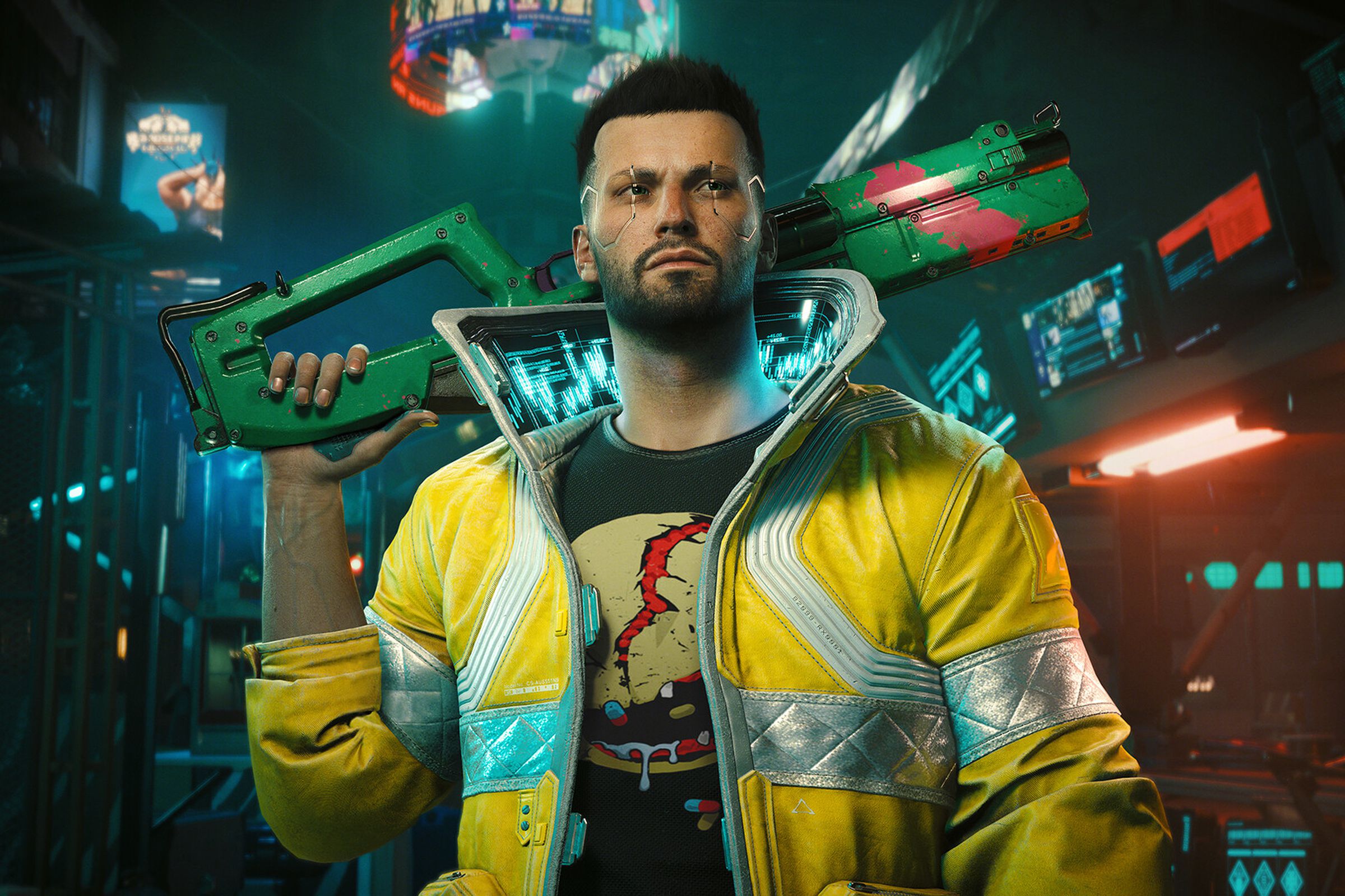 A screenshot from Cyberpunk 2077. A character in a yellow jacket rests a gun on their shoulders.