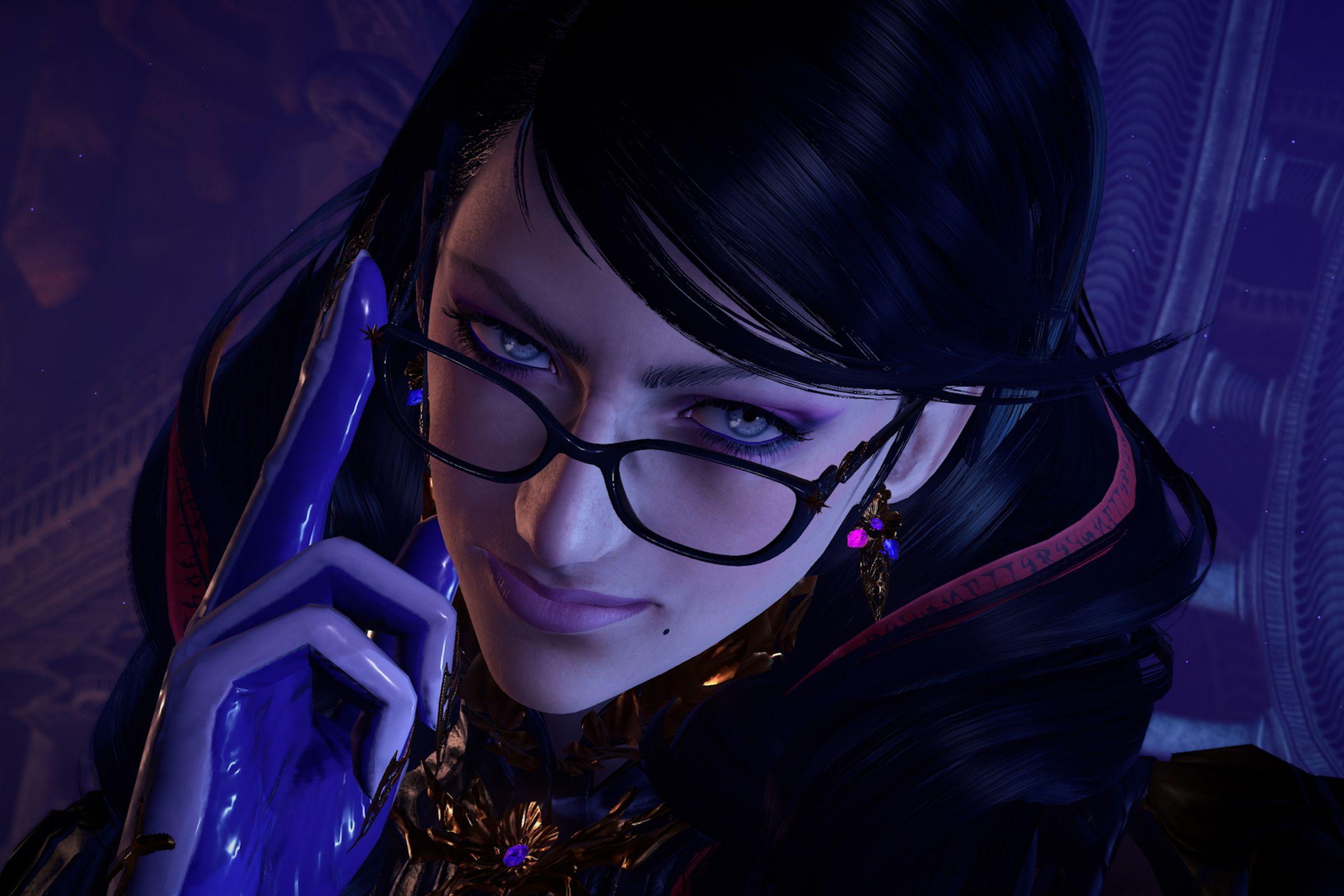 Screenshot from Bayonetta 3 featuring a close-up of Bayonetta’s face as she tips her glasses in skeptic observation