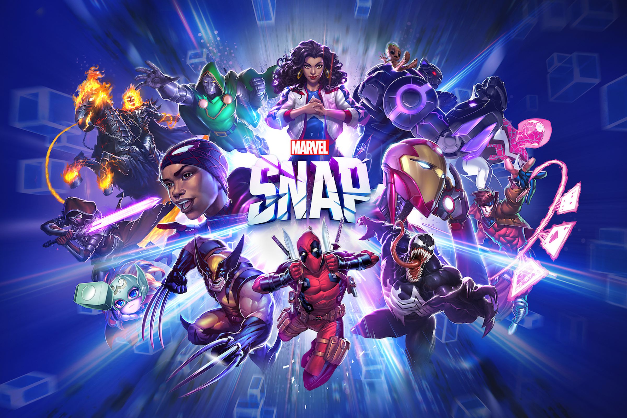 Graphic for Marvel Snap featuring a large group of Marvel superheroes radiating out from the Marvel Snap text at the center