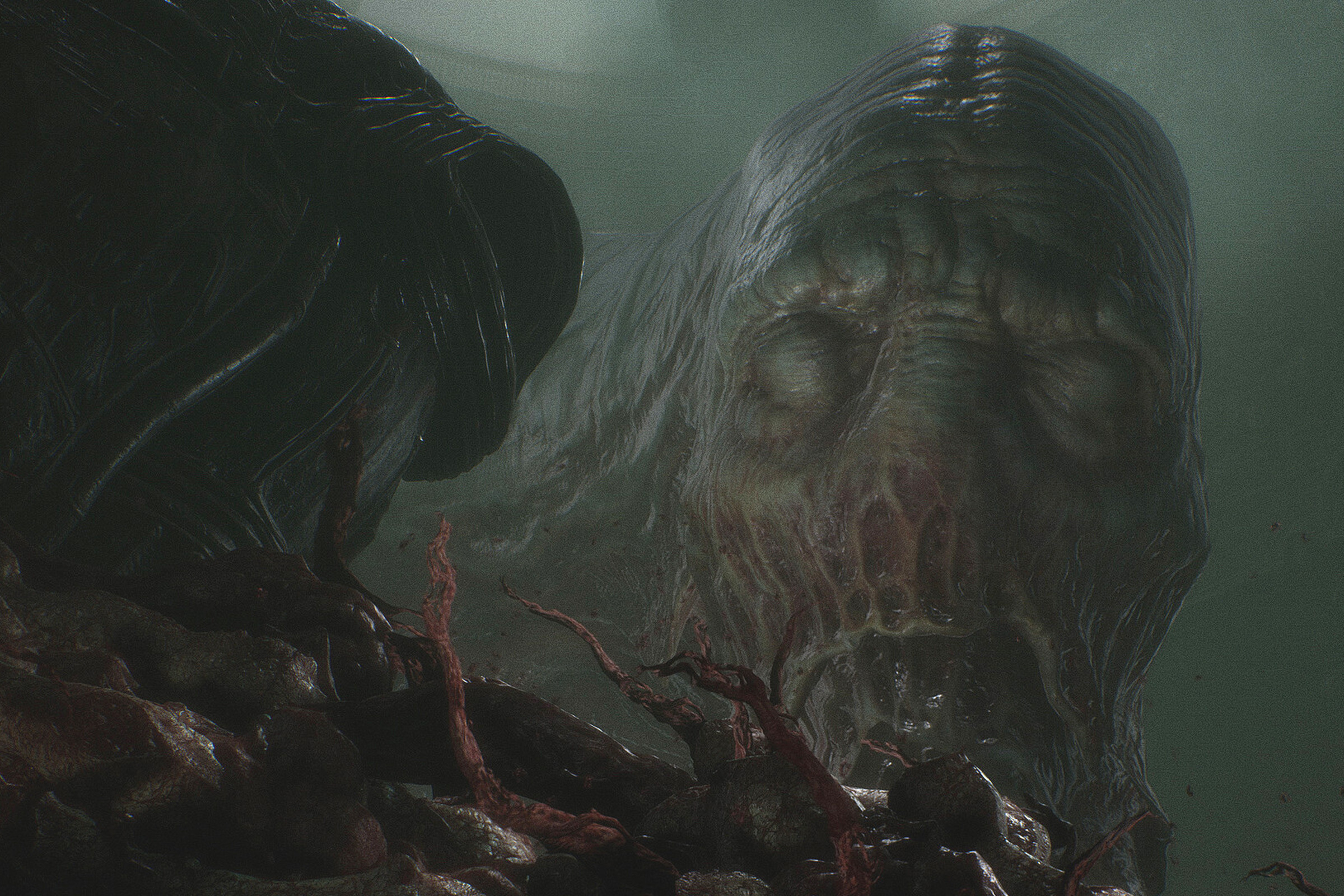 Screenshot from Scorn featuring a large fleshy head with skin covering the eye sockets with red-tinged and wrinkled lips.