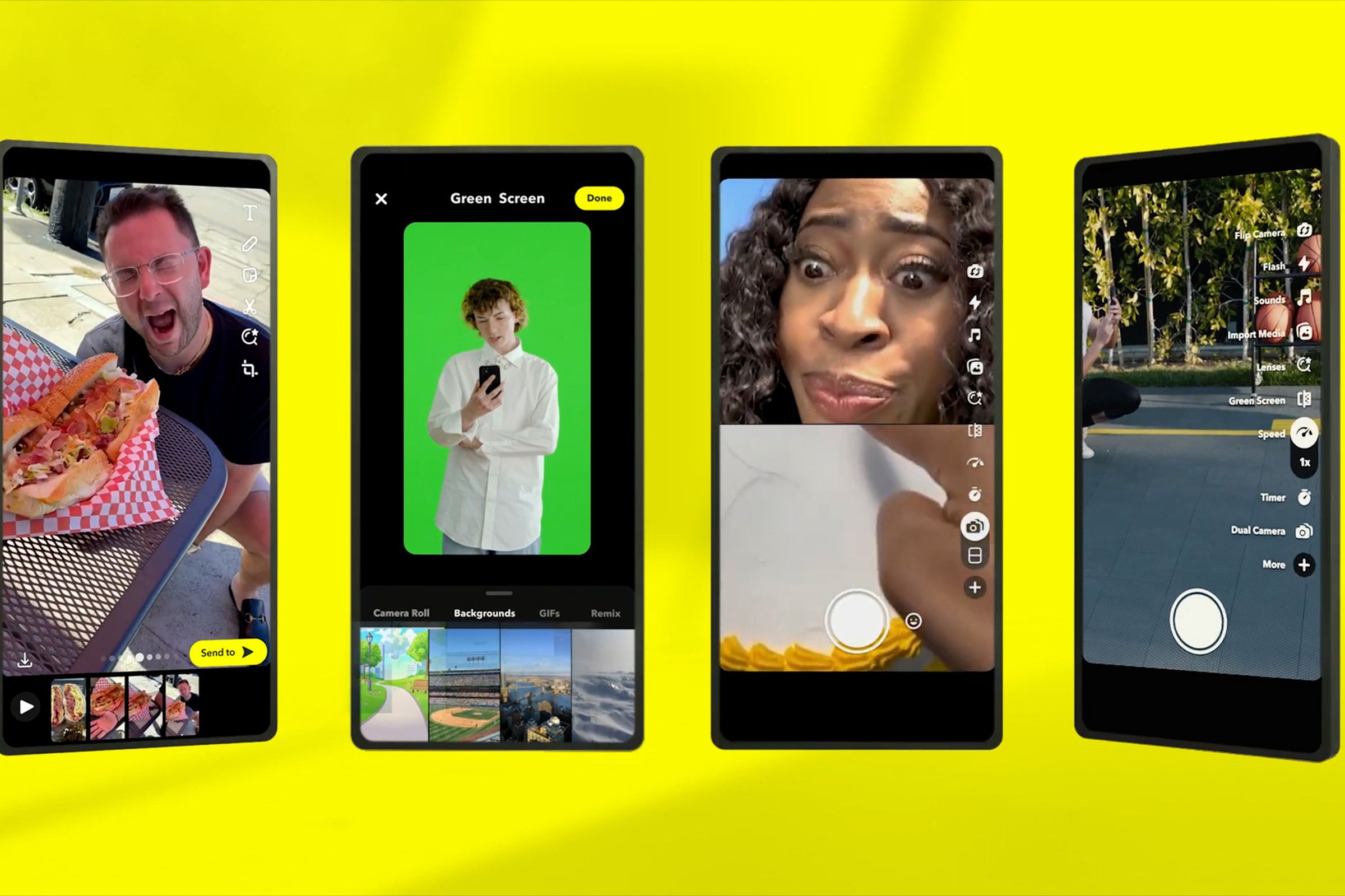 A series of Snapchat screens showing new Director Mode features like green screen, dual camera, and other editing tools.