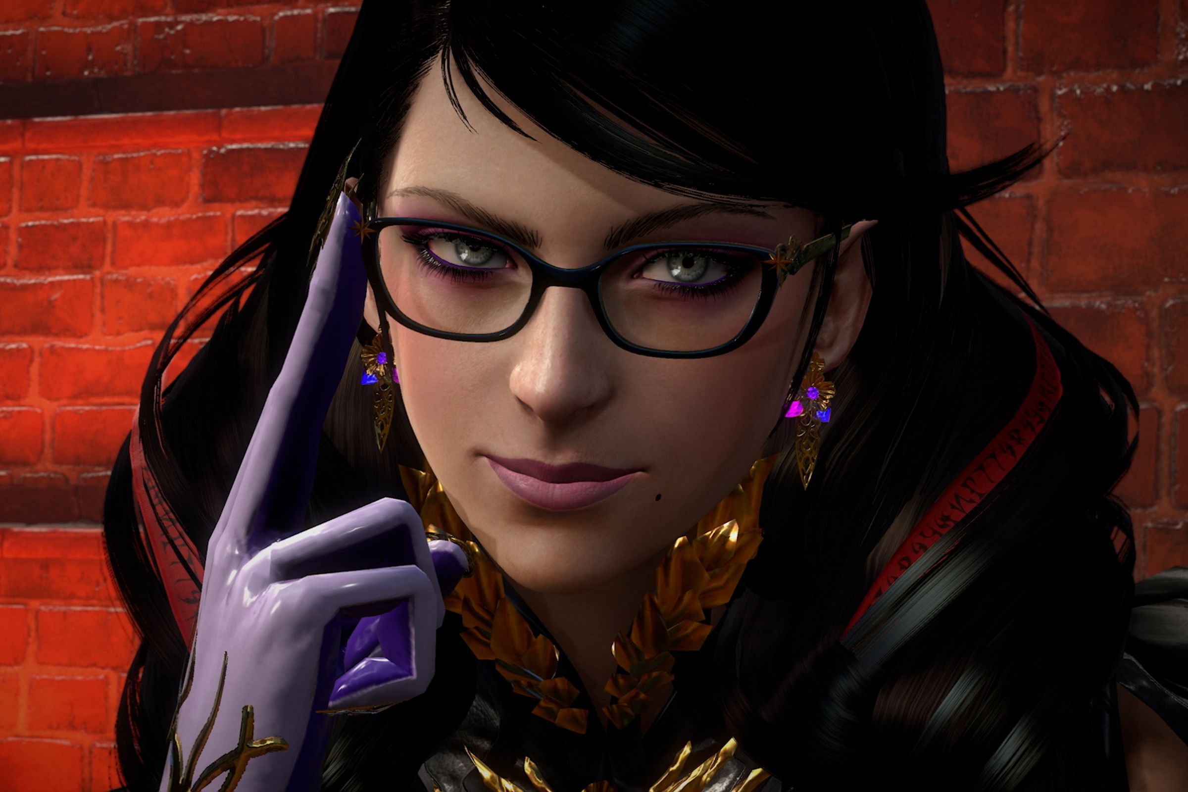 Screenshot from Bayonetta 3 featuring an extreme close-up of Bayonetta’s face with black hair and black rimmed glasses pushed up with a white-gloved hand