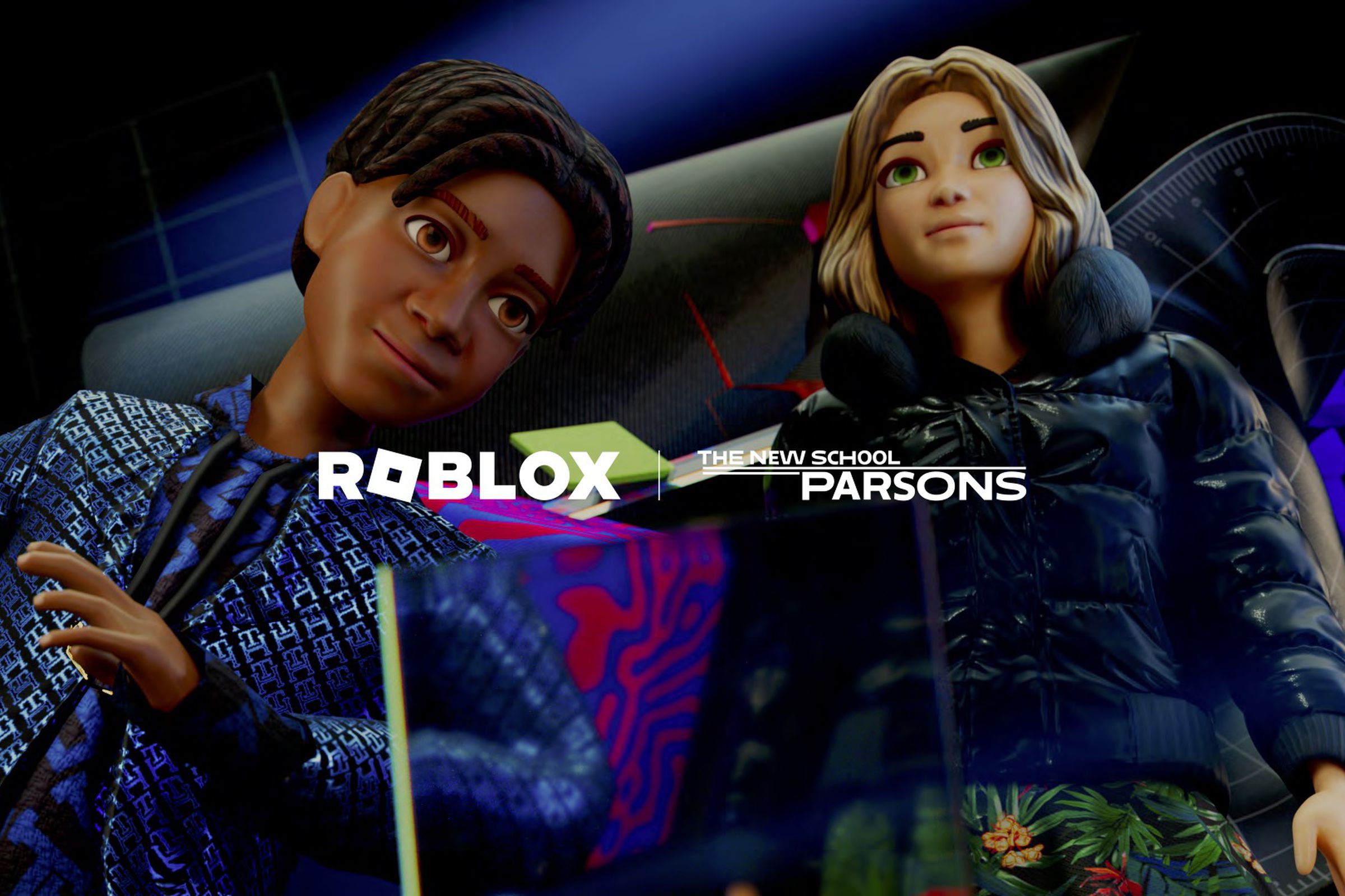 Two digital avatars are wearing clothing items like printed jackets and sweatshirts. The Roblox and Parsons School of Design logos are in the center.