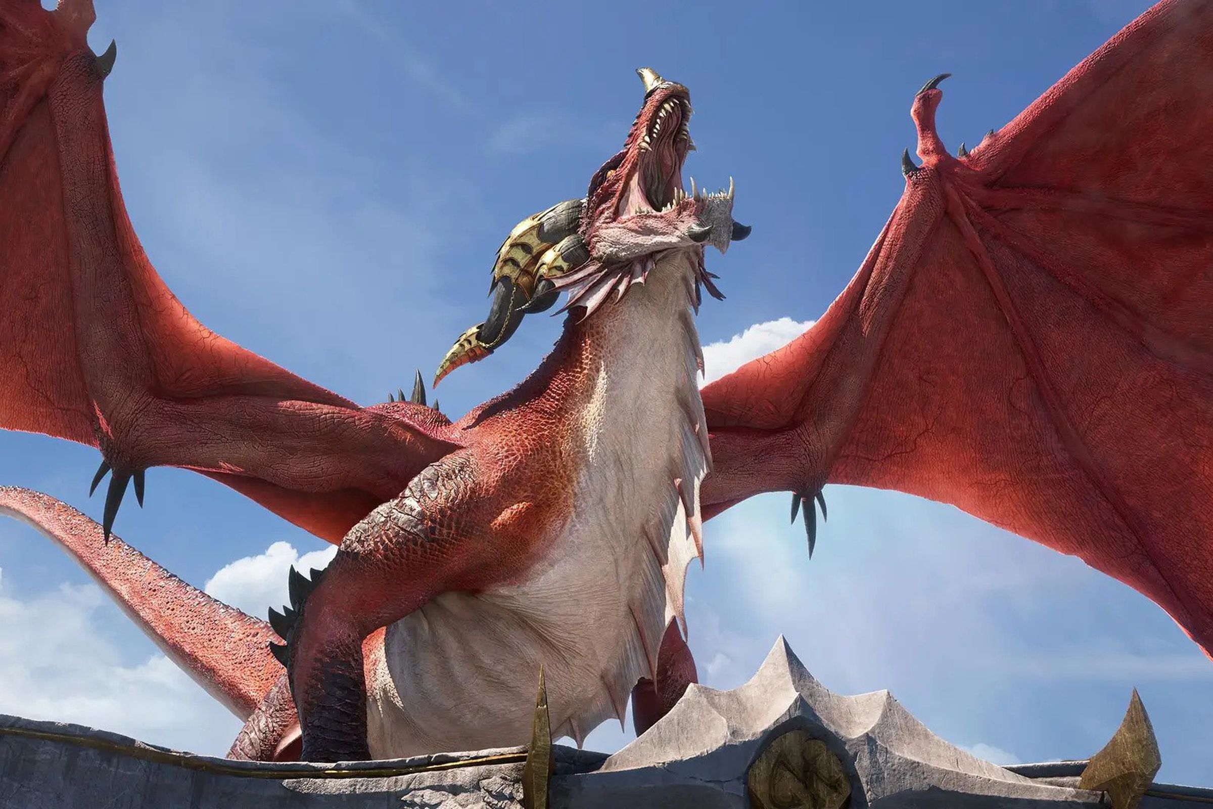 Still image from the World of Warcraft: Dragonflight launch trailer featuring a red dragon with a pale belly unfurling its wings and roaring against a bright blue sky.